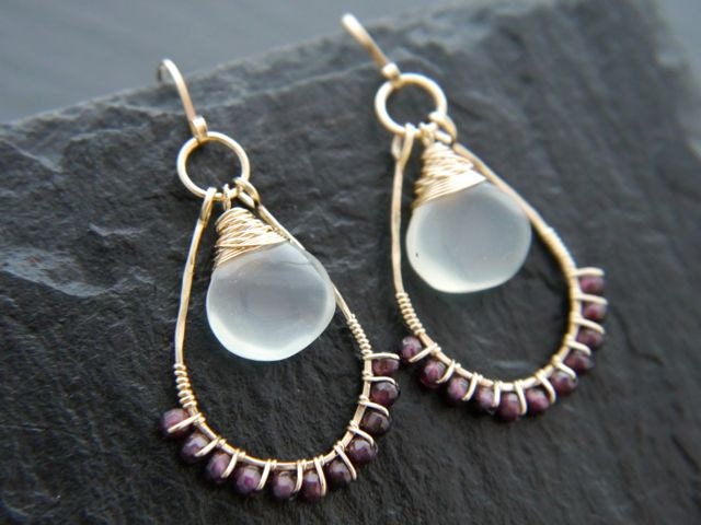 Garnet Aqua Chalcedony Briolette Teardrop Gemstone Earrings, 14K Gold Filled