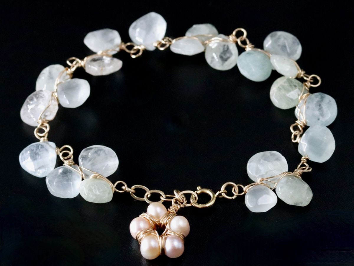 14K Gold Filled Aquamarine Pearl Gemstone Bracelet, March Birthstone Bridal Jewelry