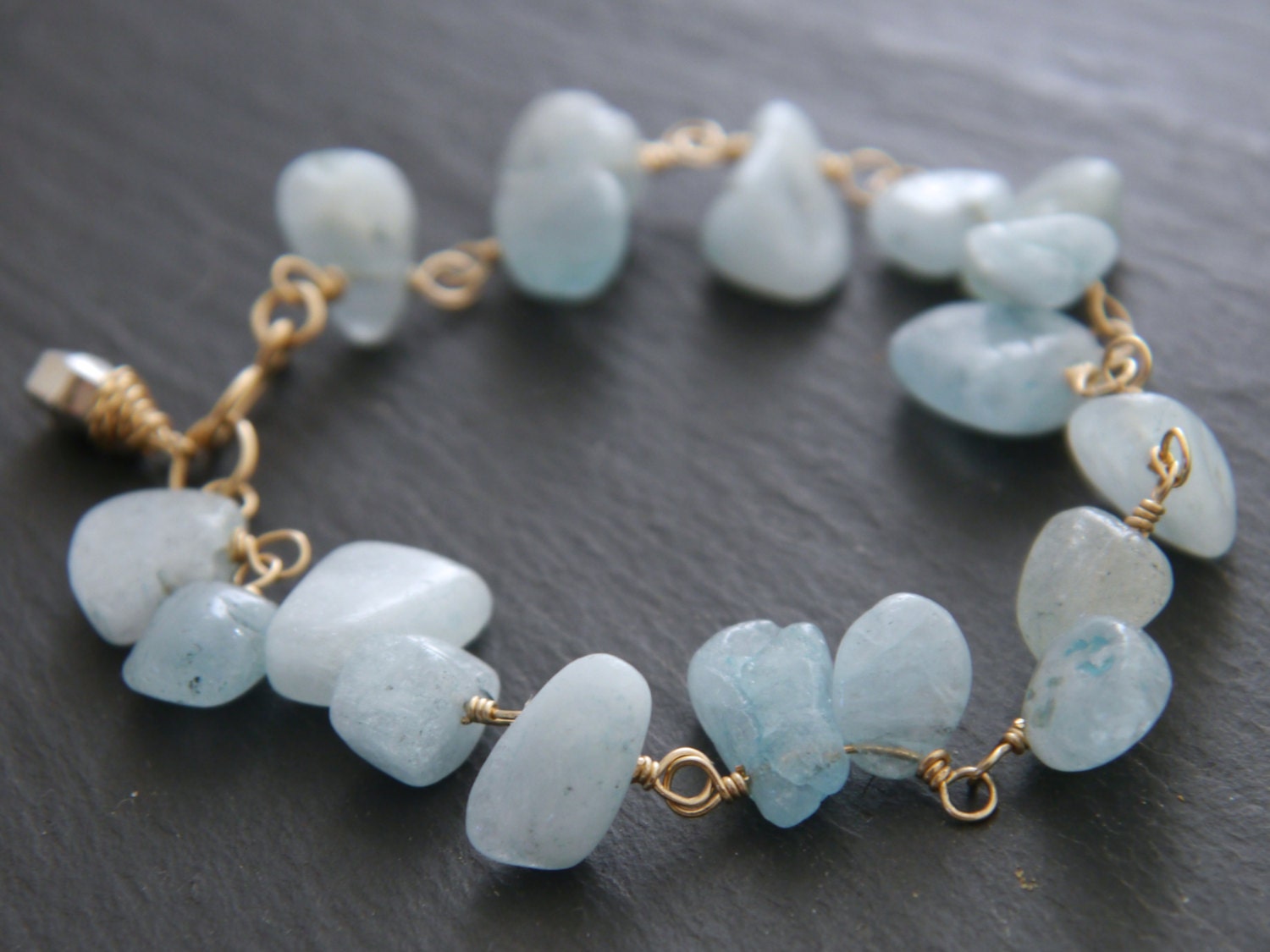 14K Gold Filled Aquamarine Gemstone Bracelet, March Birthstone, Floral Vine Statement Jewelry