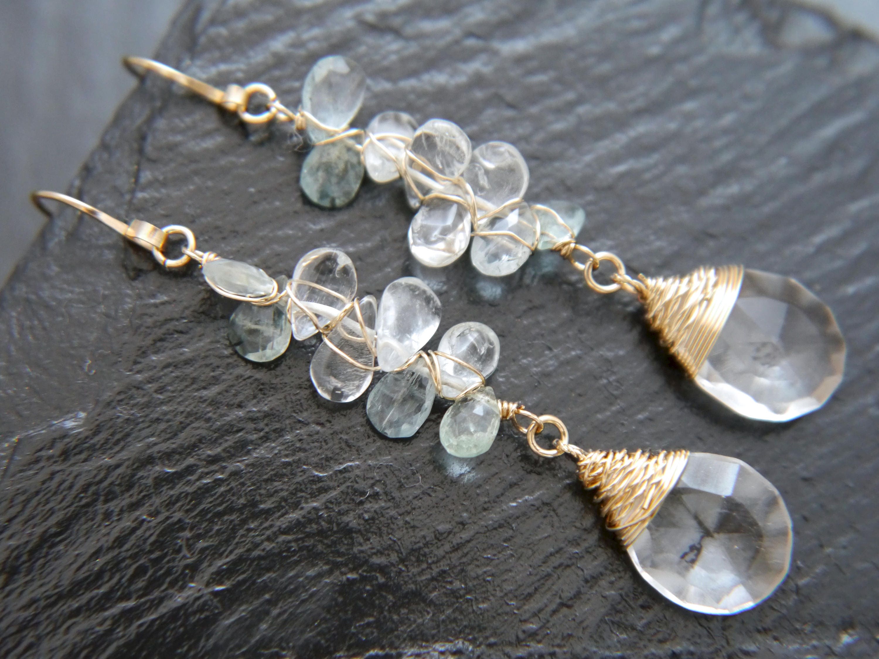 Aquamarine Teardrop Long Dangle Floral Gemstone Earrings, 14K Gold Filled Botanical