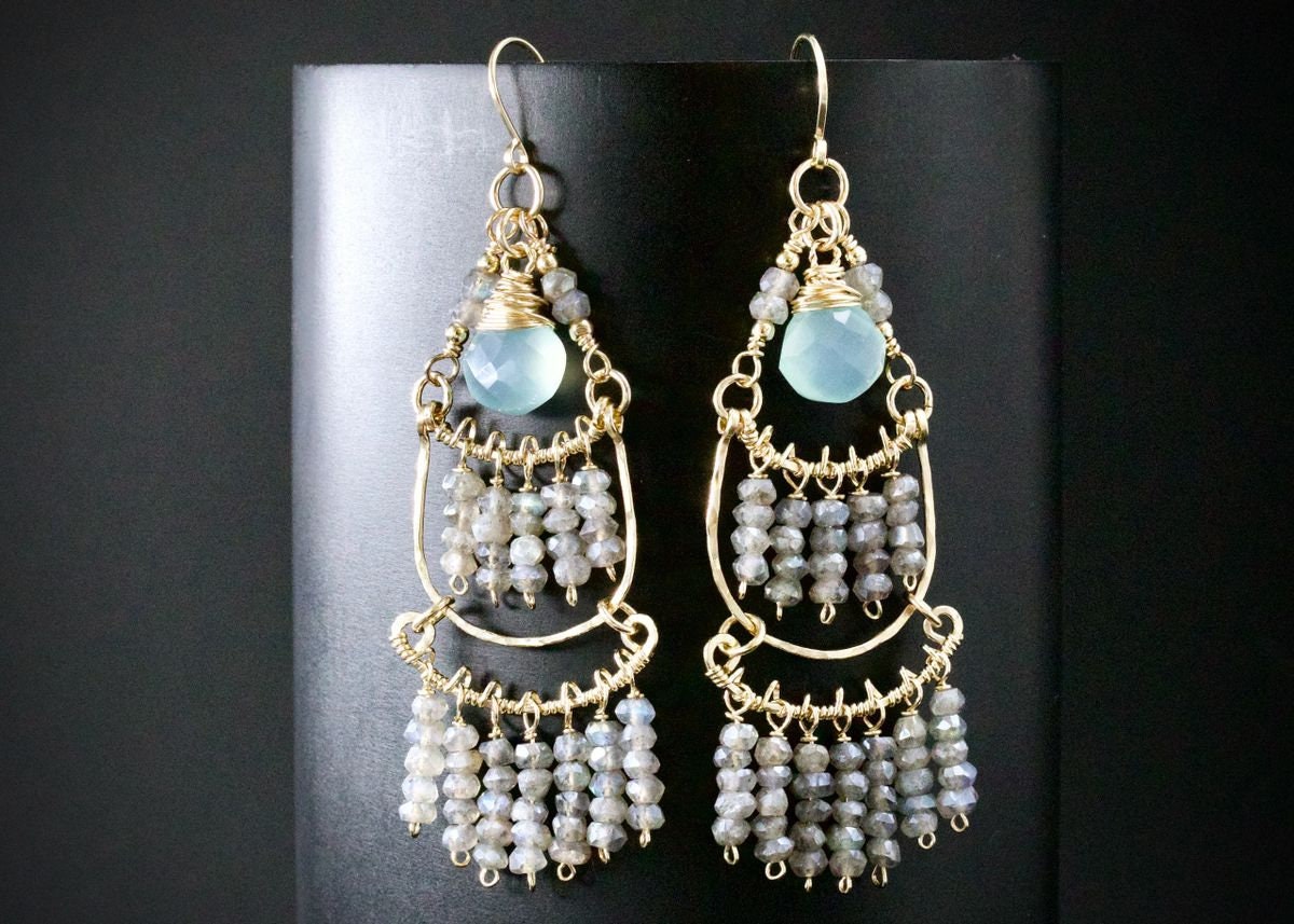 Aqua Chalcedony Labradorite Chandelier Gemstone Earrings, 14K Gold Filled Bohemian Wedding Jewelry