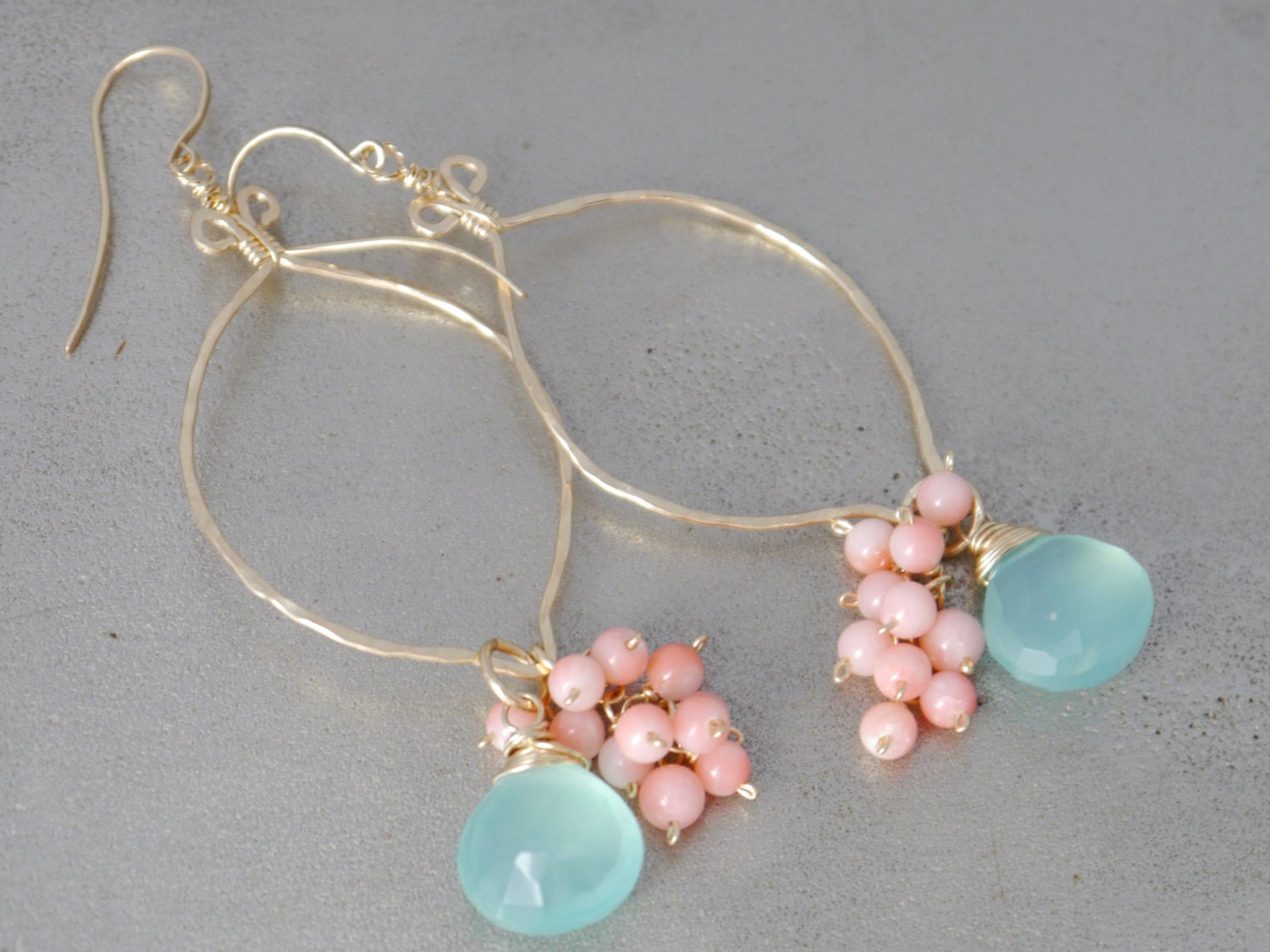 Aqua Chalcedony Pink Coral Floral Cluster Gemstone Earrings, 14K Gold Filled Feminine Gift