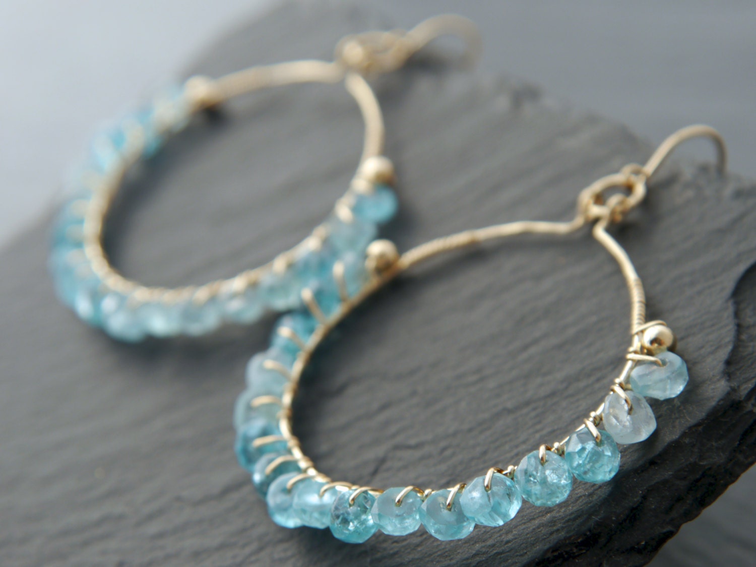 Wire Wrapped Apatite Hoop Gemstone Earrings, 14K Gold Filled Bohemian Chic