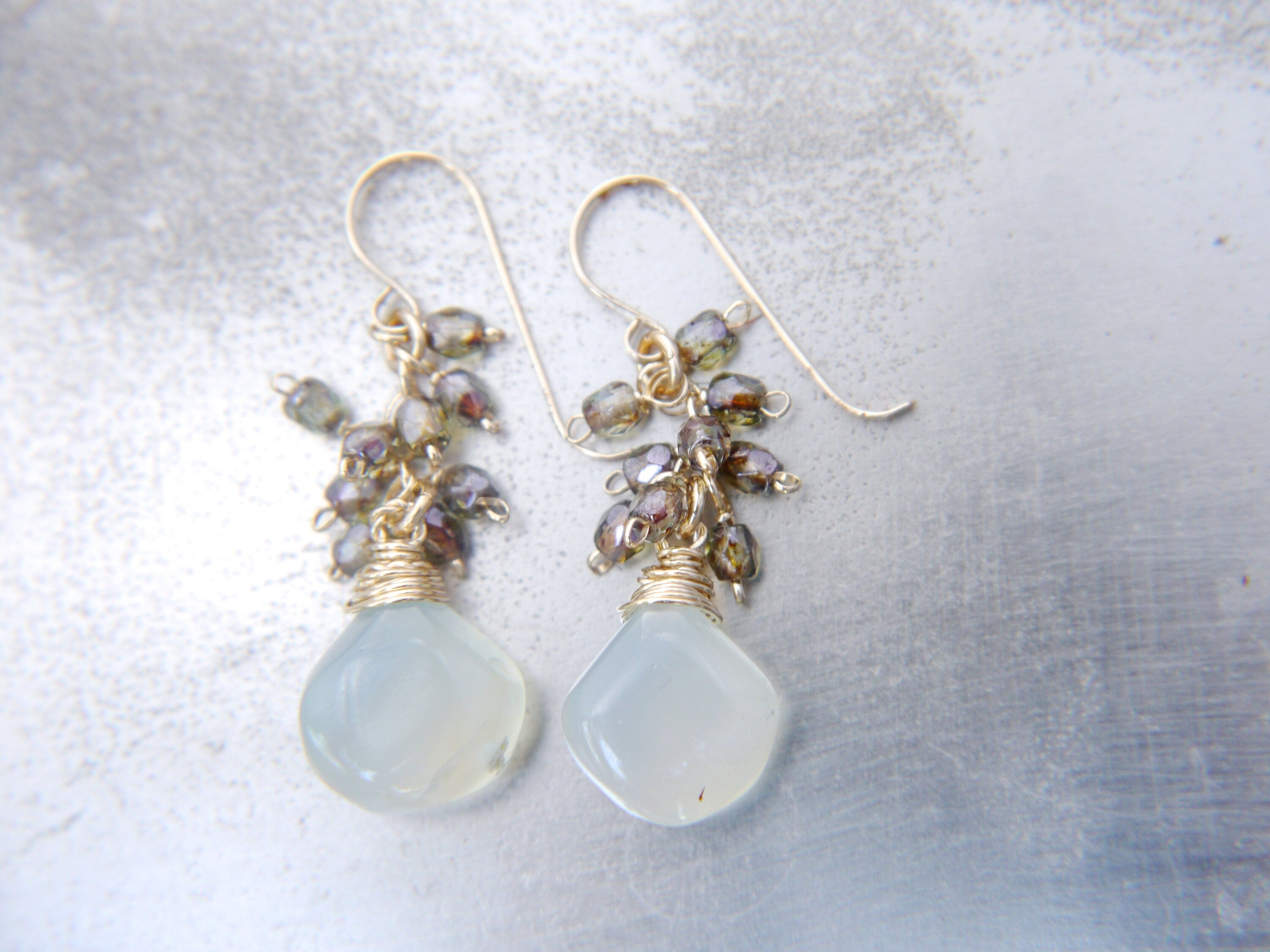 Aqua Chalcedony Cluster Teardrop Gemstone Earrings, 14K Gold Filled Classic Style