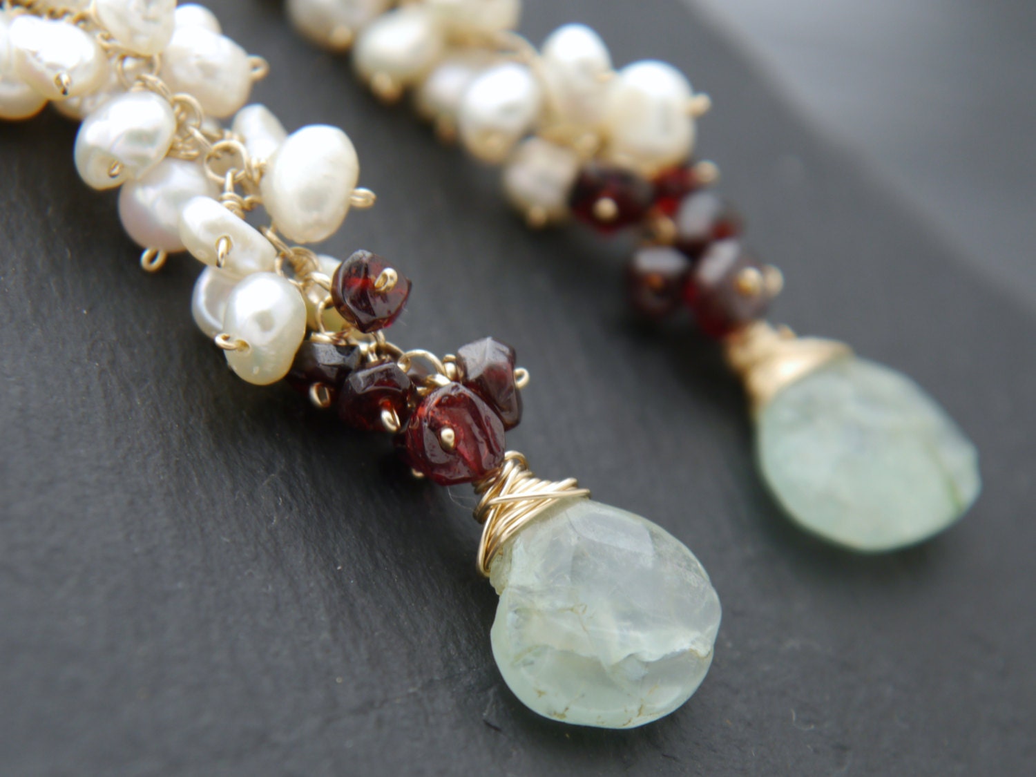 Aquamarine Garnet Pearl Cluster Long Dangle Floral Gemstone Earrings, 14K Gold Filled