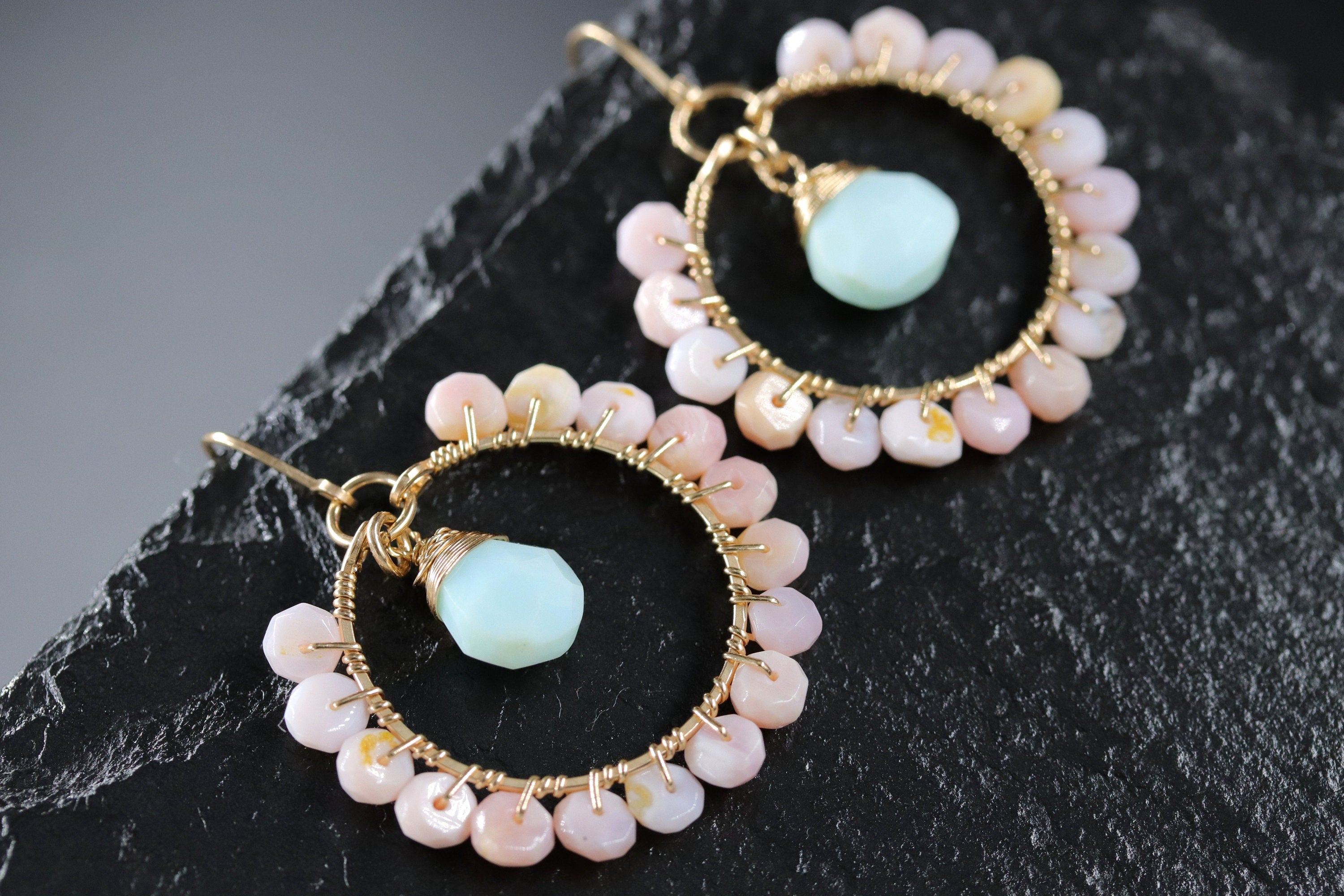 Blue Pink Opal Floral Hoop Gemstone Earrings, 14K Gold Filled Boho Chic Jewelry