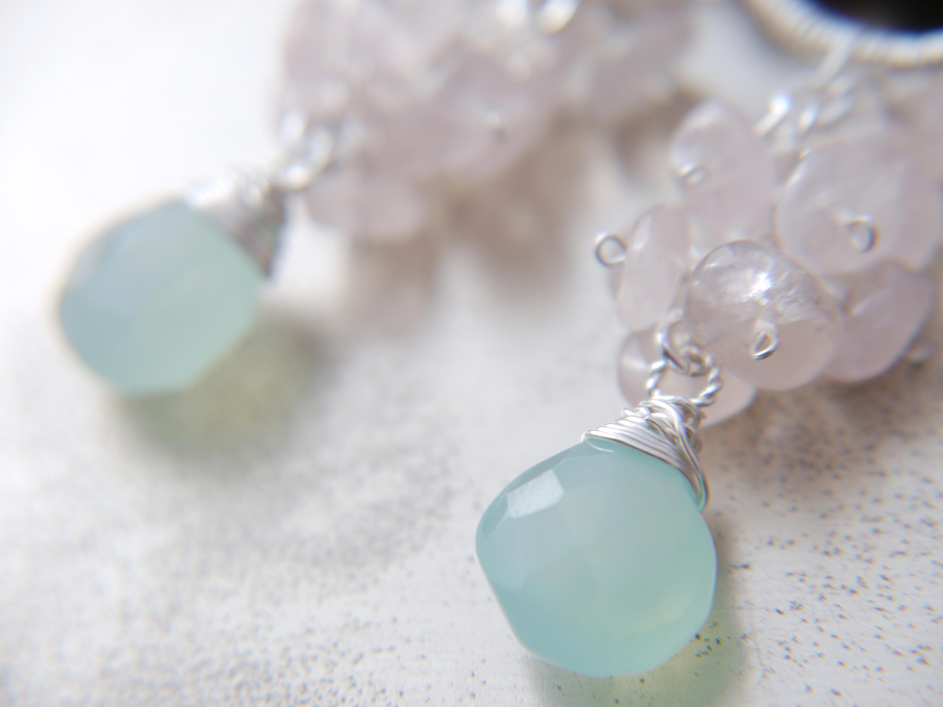 Aqua Chalcedony Rose Quartz Floral Cluster Long Dangle Gemstone Earrings, Sterling Silver