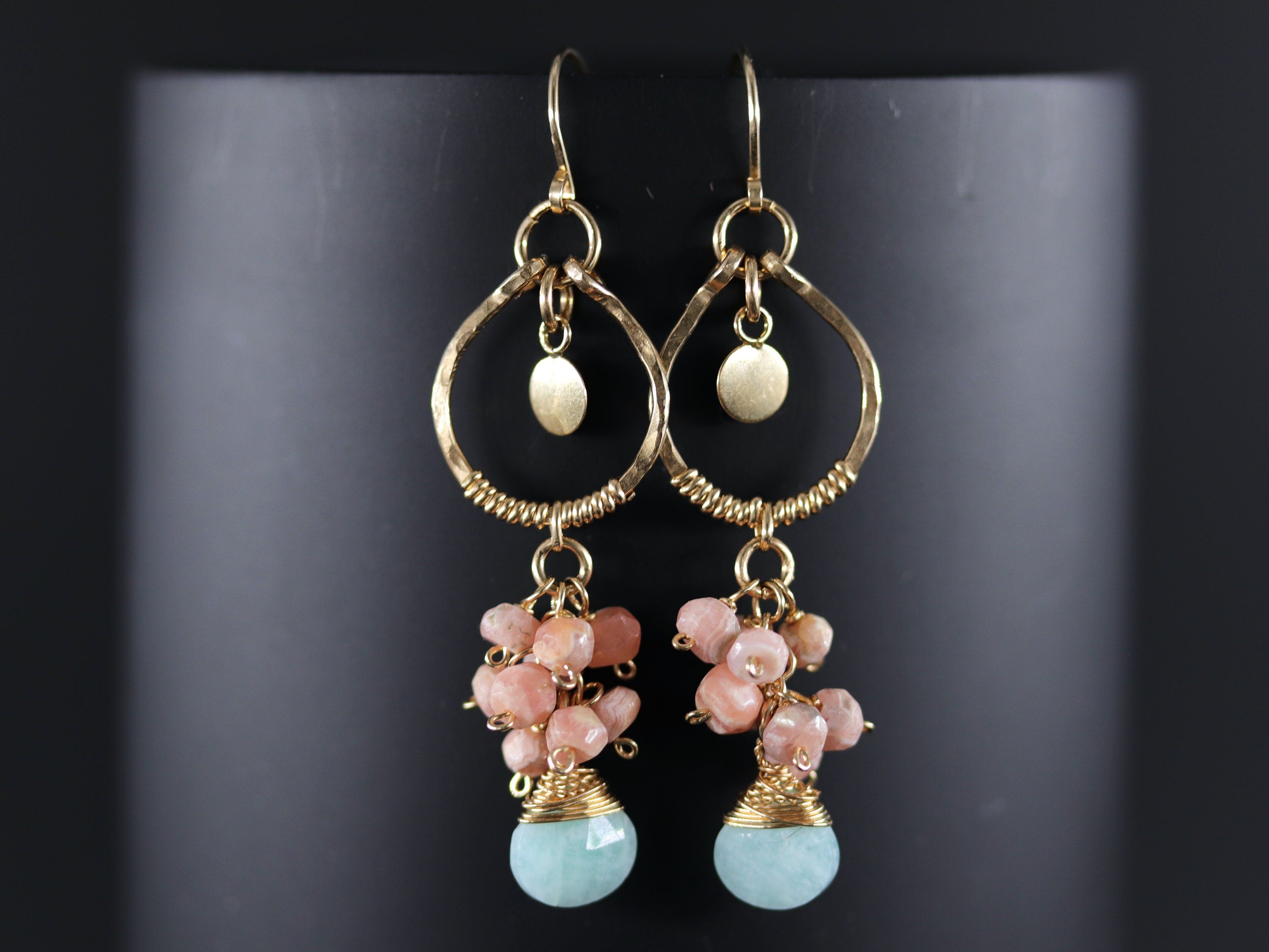 Amazonite Rhodonite Cluster Earrings, 14K Gold Filled Floral Dangle, Romantic Statement
