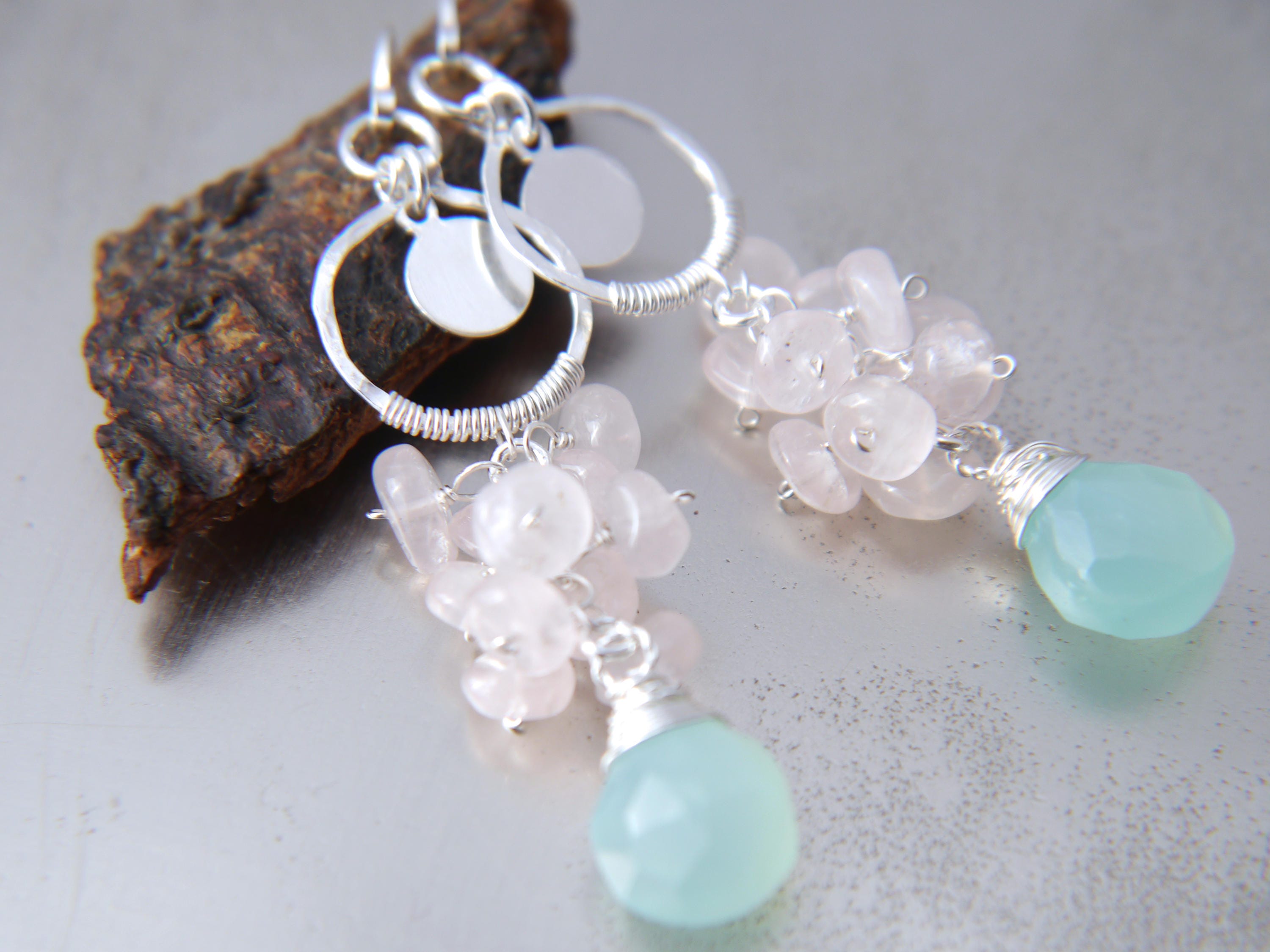 Aqua Chalcedony Rose Quartz Floral Cluster Long Dangle Gemstone Earrings, Sterling Silver