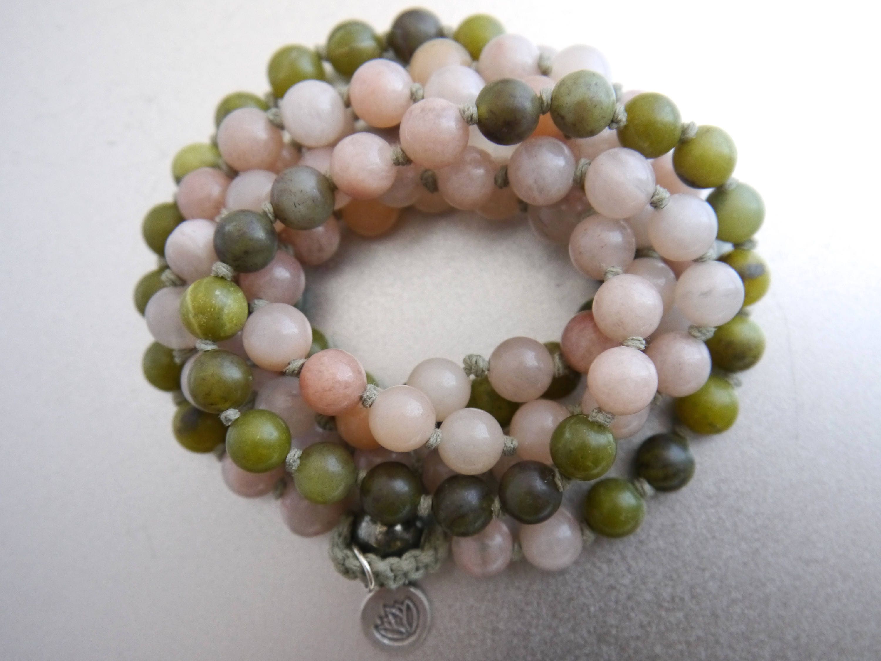 Pink Aventurine Green Serpentine Mala Beads, 108 Gemstone , Hand Knotted