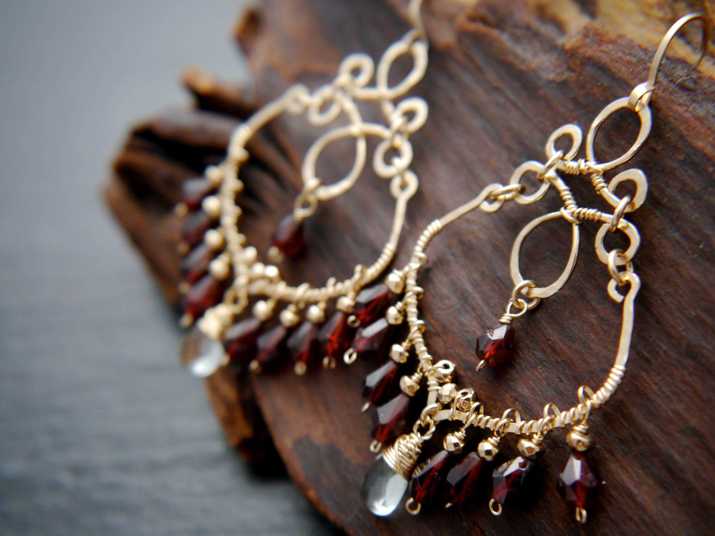 Garnet Aquamarine Boho Chandelier Earrings, 14K Gold Filled Fringe Dangle, Statement Jewelry