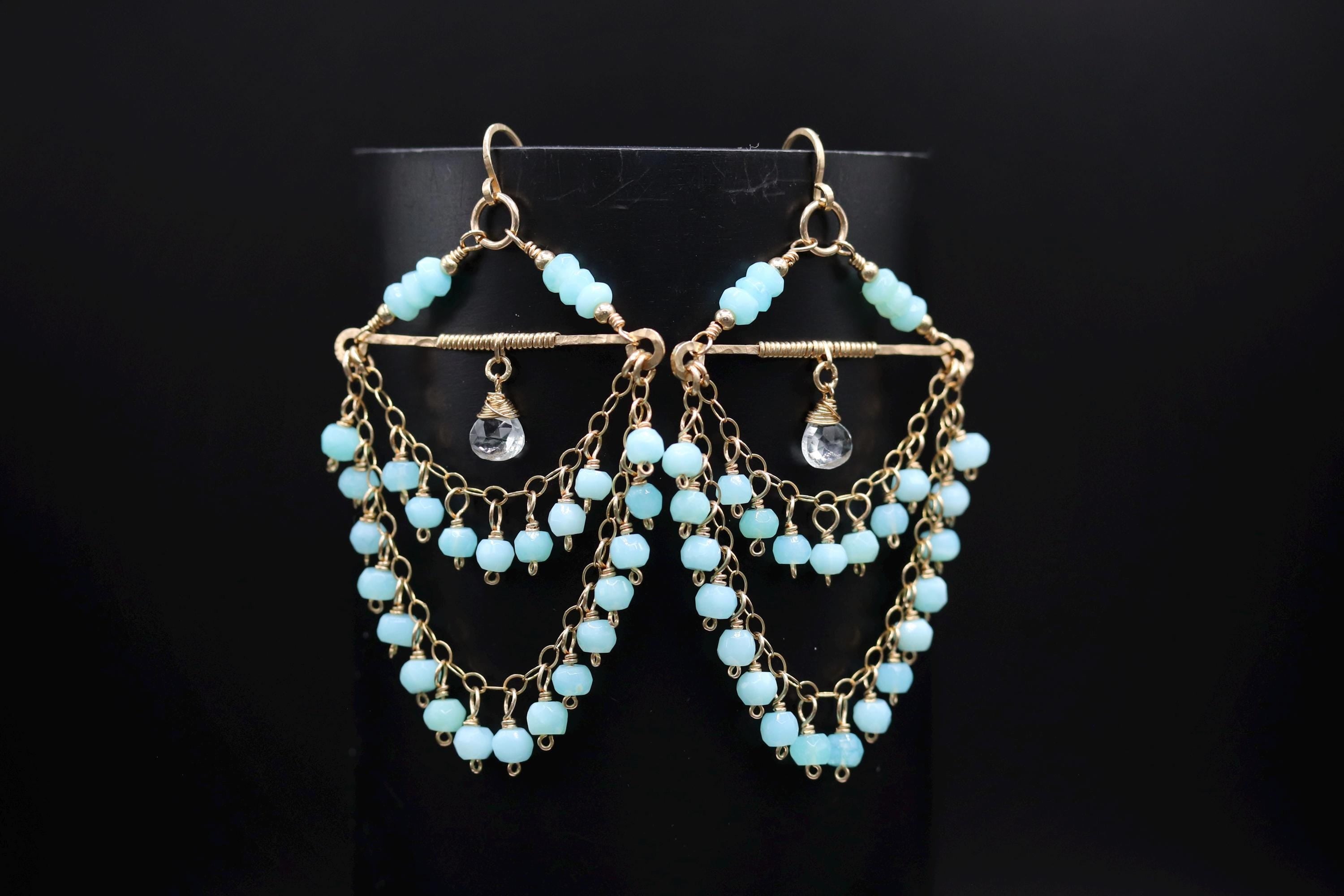 Peruvian Blue Opal Tiered Fringe Chandelier Earrings, 14K Gold Filled Statement Bohemian Wedding Jewelry