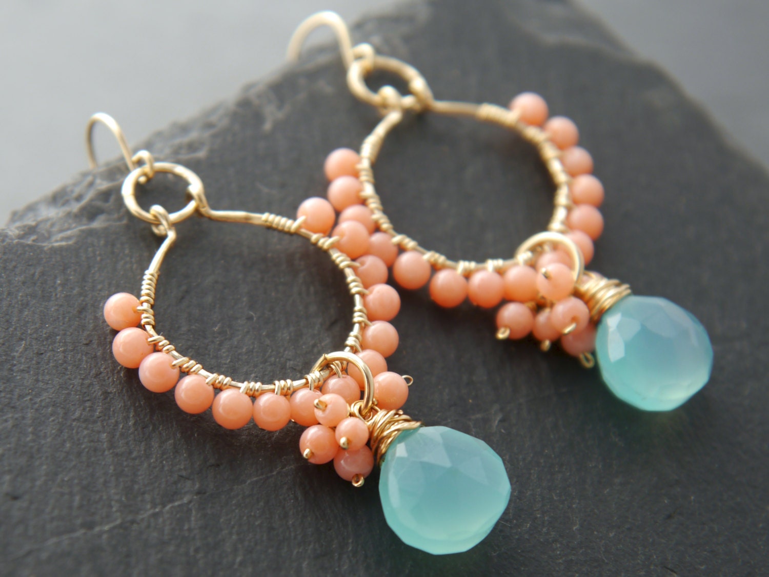 Coral Aqua Chalcedony Hoop Gemstone Earrings, 14K Gold Filled Botanicals