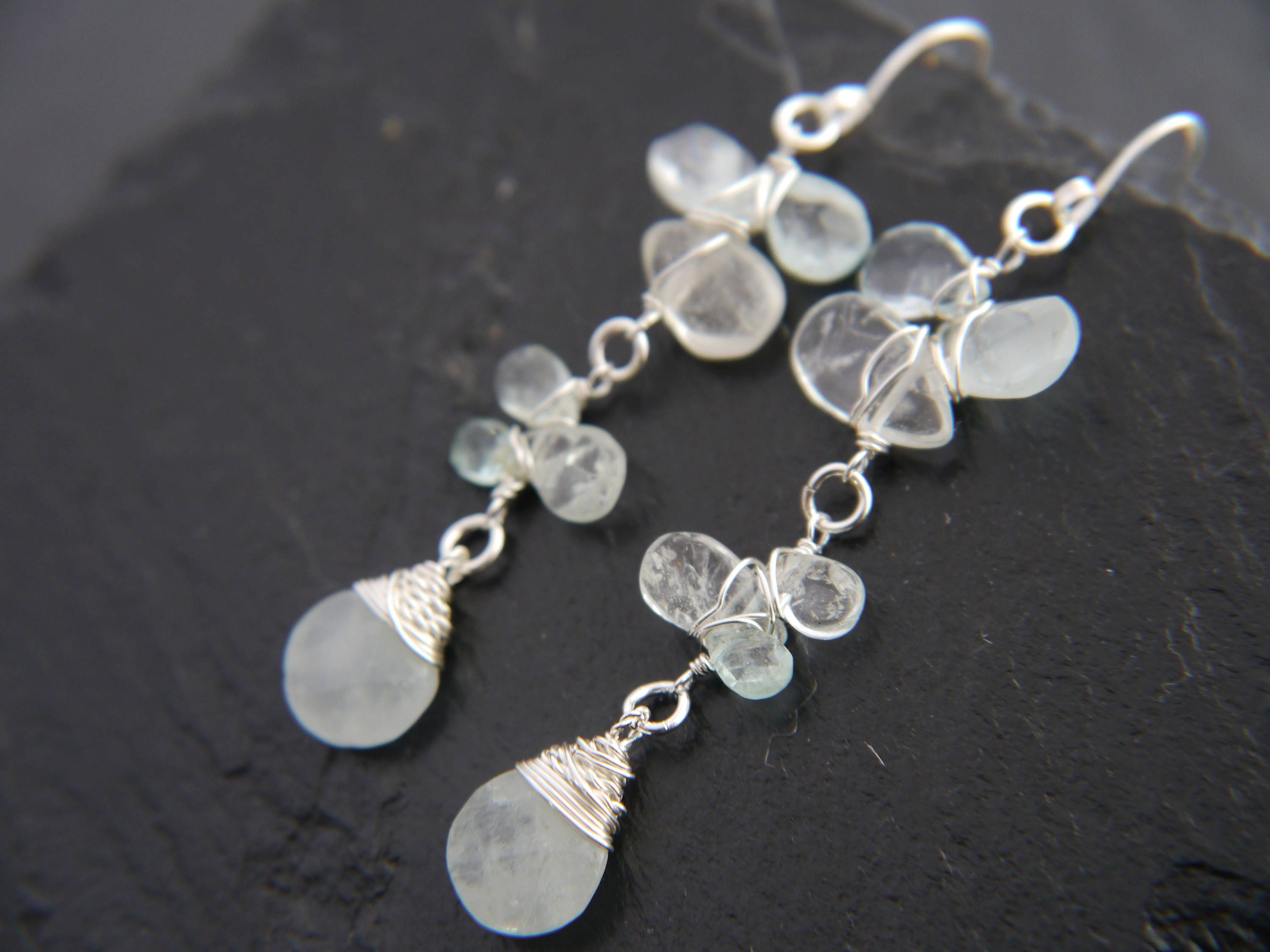 Aquamarine Long Dangle Floral Gemstone Earrings, Sterling Silver Wedding Jewelry