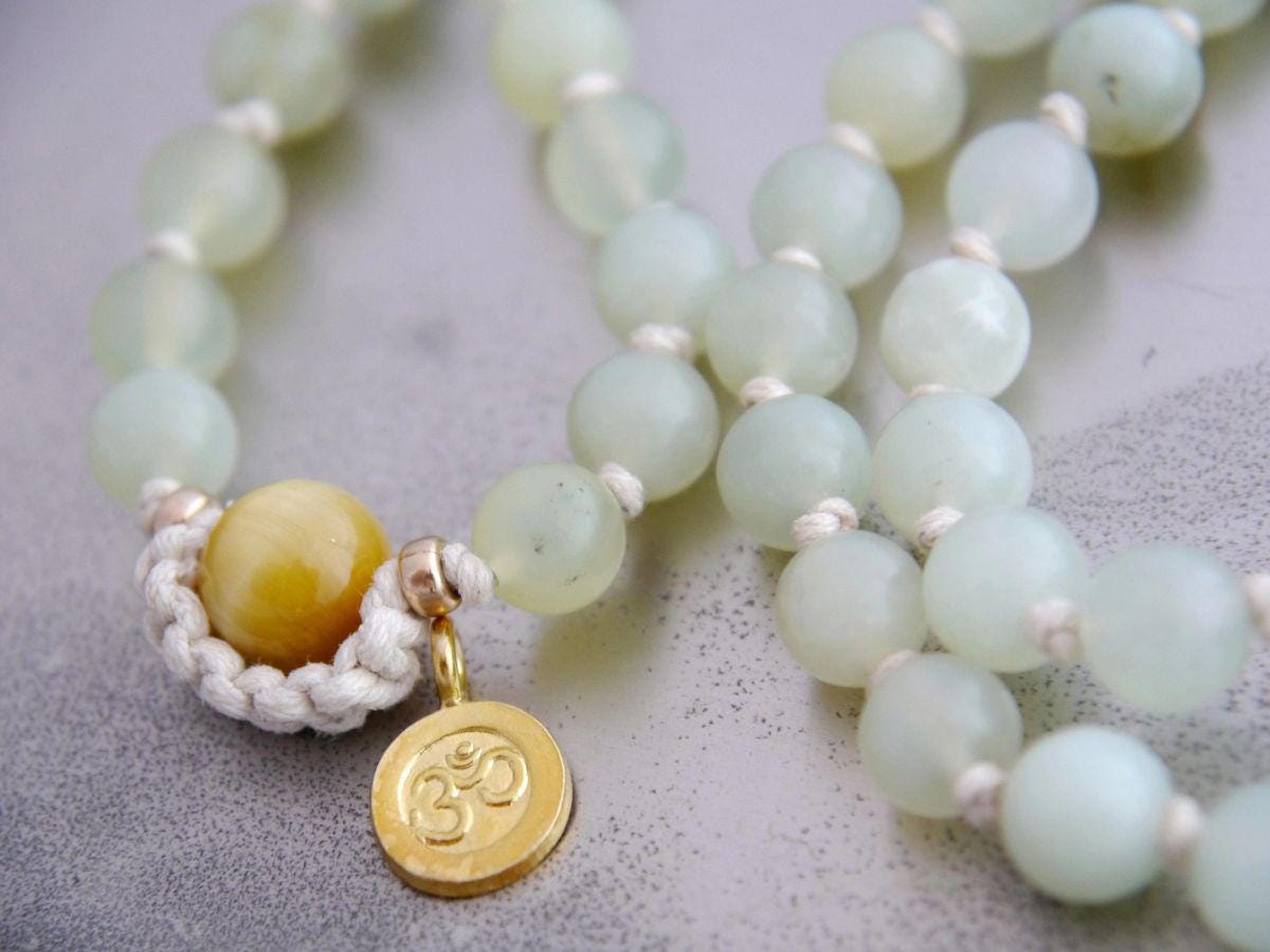 Sea Green Serpentine Mala Beads, 108 Gemstone Beads, Wrap, Hand Knotted