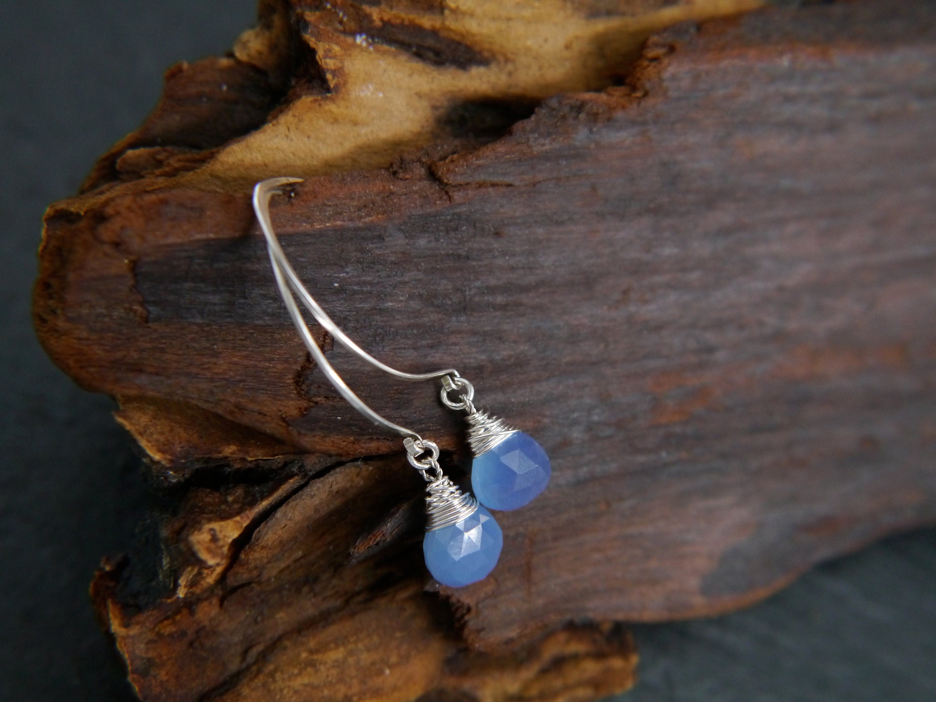 Aqua Chalcedony Long Hoop Dangle Gemstone Earrings, Sterling Silver