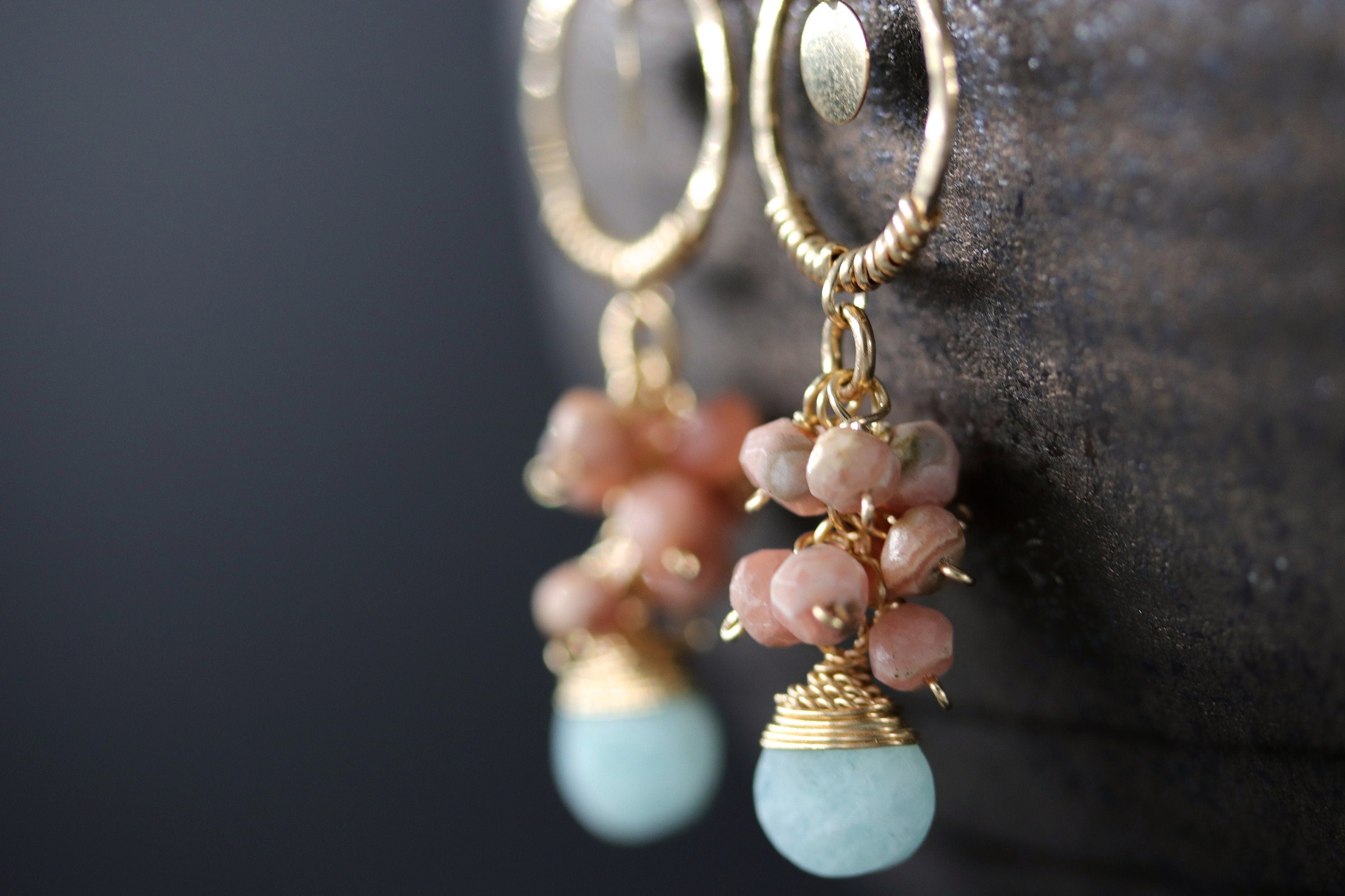 Amazonite Rhodonite Cluster Earrings, 14K Gold Filled Floral Dangle, Romantic Statement