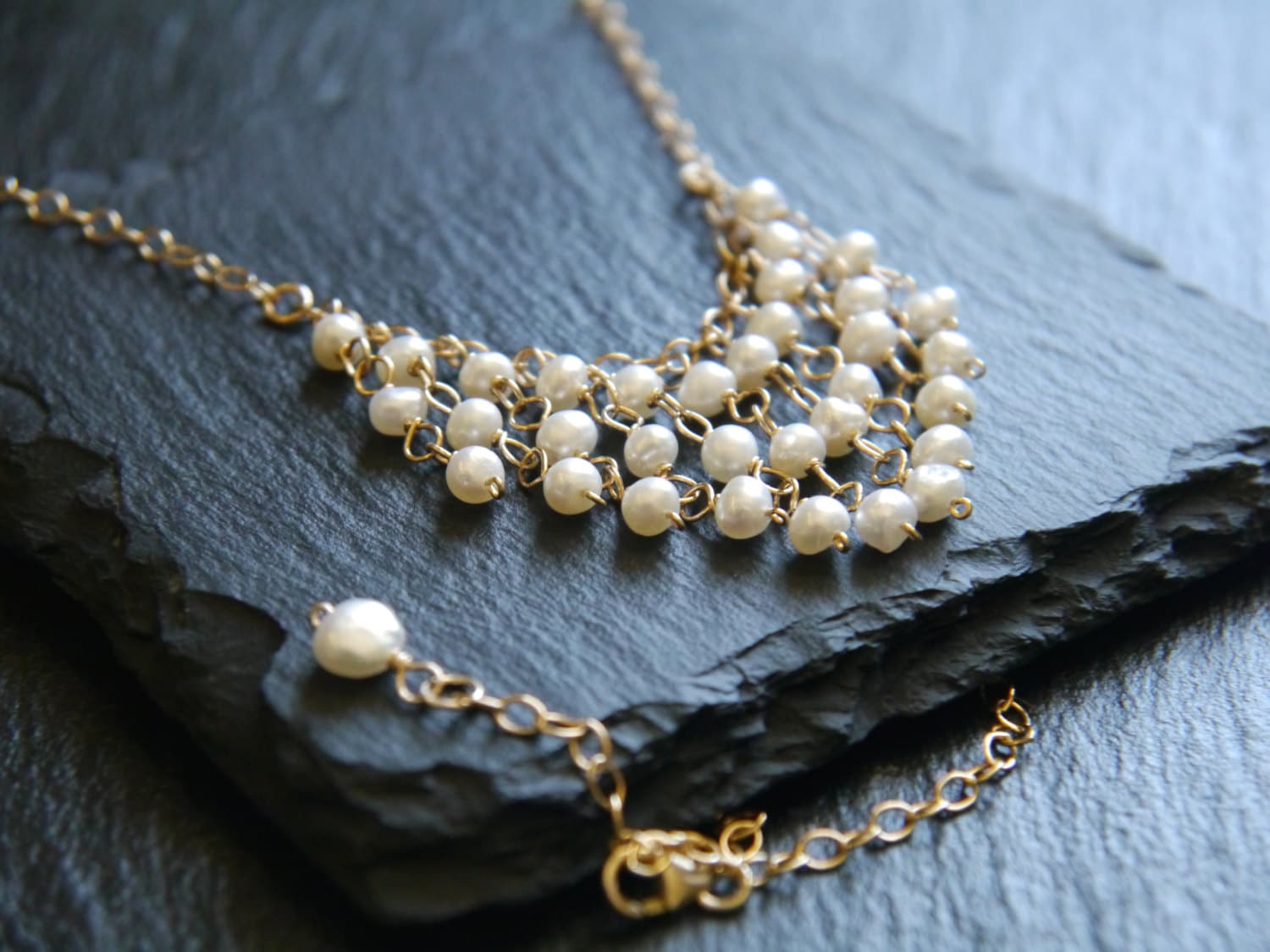 Gold Filled Pearl Tassel Bib Necklace, Bohemian Wedding Jewelry
