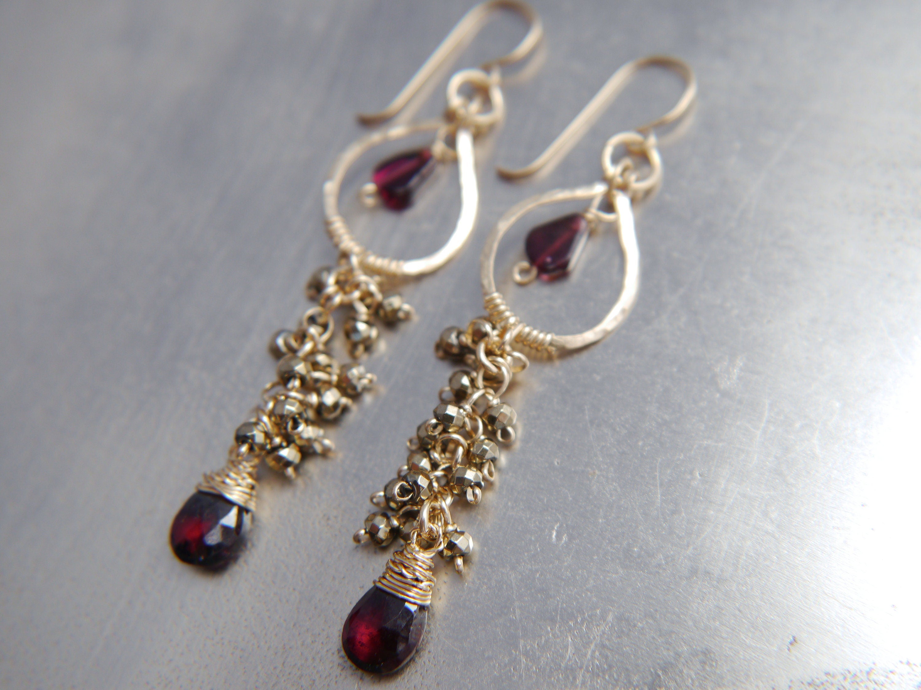 Garnet Chandelier Floral Gemstone Earrings, 14K Gold Filled Bohemian Style