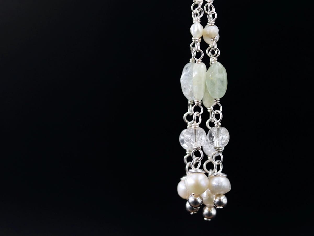 Aquamarine Pearl Rosary Chain Lariat Y Gemstone Necklace, Sterling Silver, Bohemian
