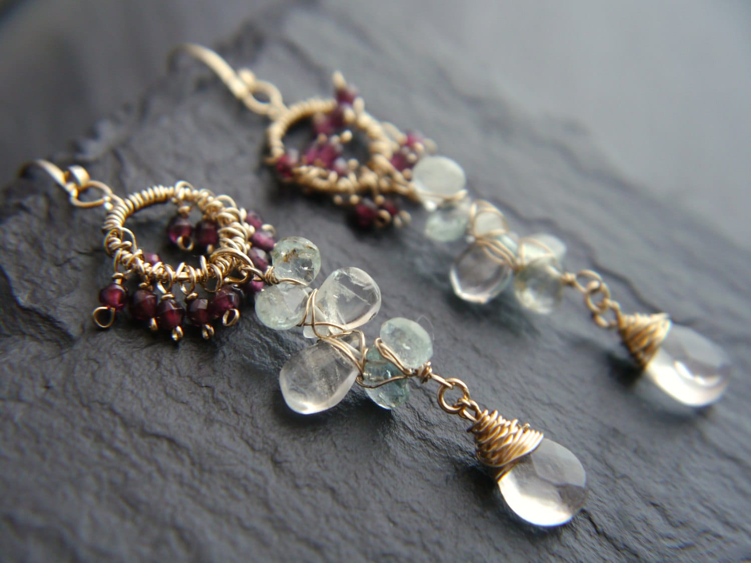 Aquamarine Garnet Floral Chandelier Earrings, 14K Gold Filled Dangle, Bohemian Jewelry