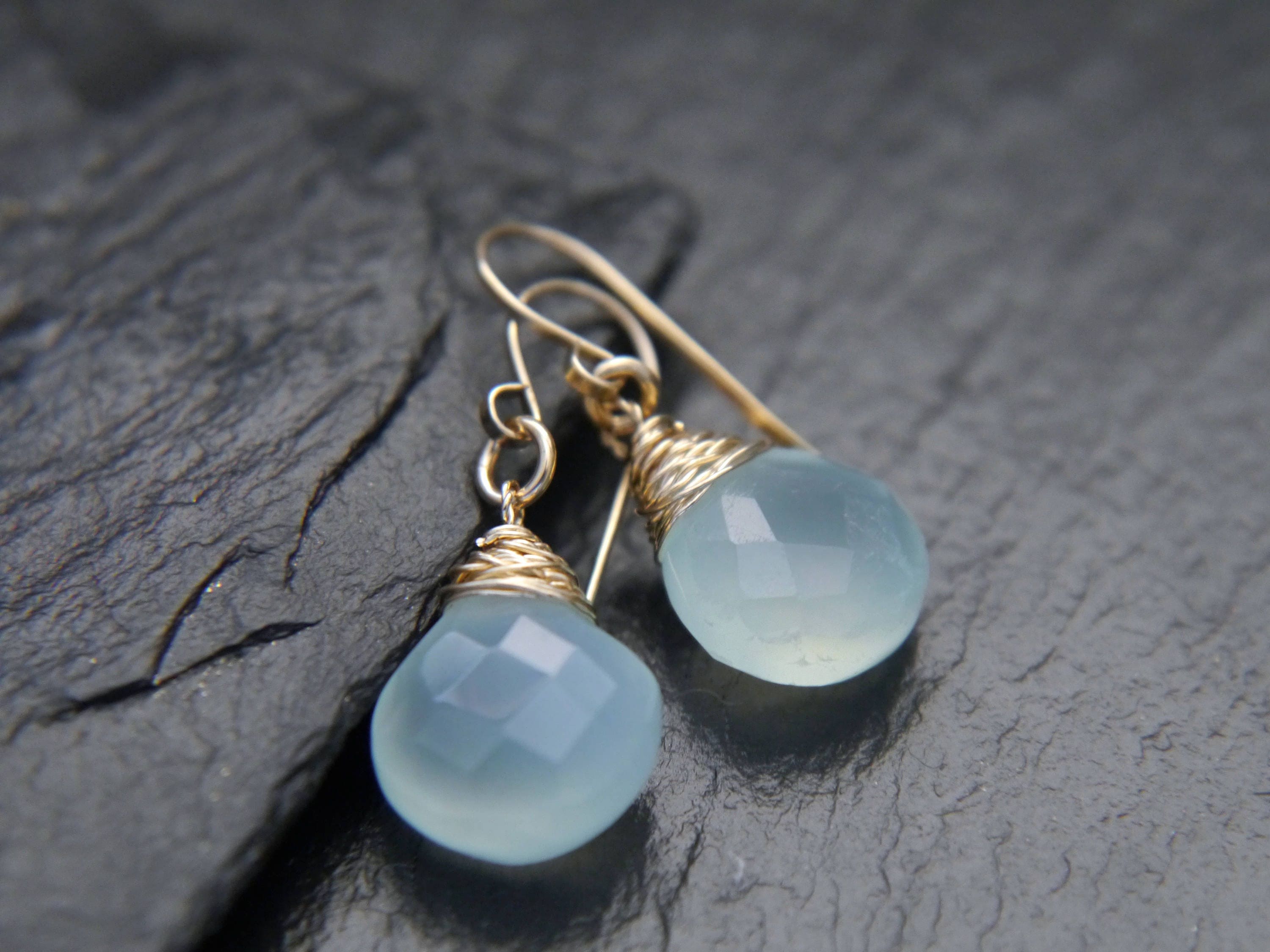 Blue Green Chalcedony Heart Briolette Teardrop Gemstone Earrings, 14K Gold Filled Bohemian Style
