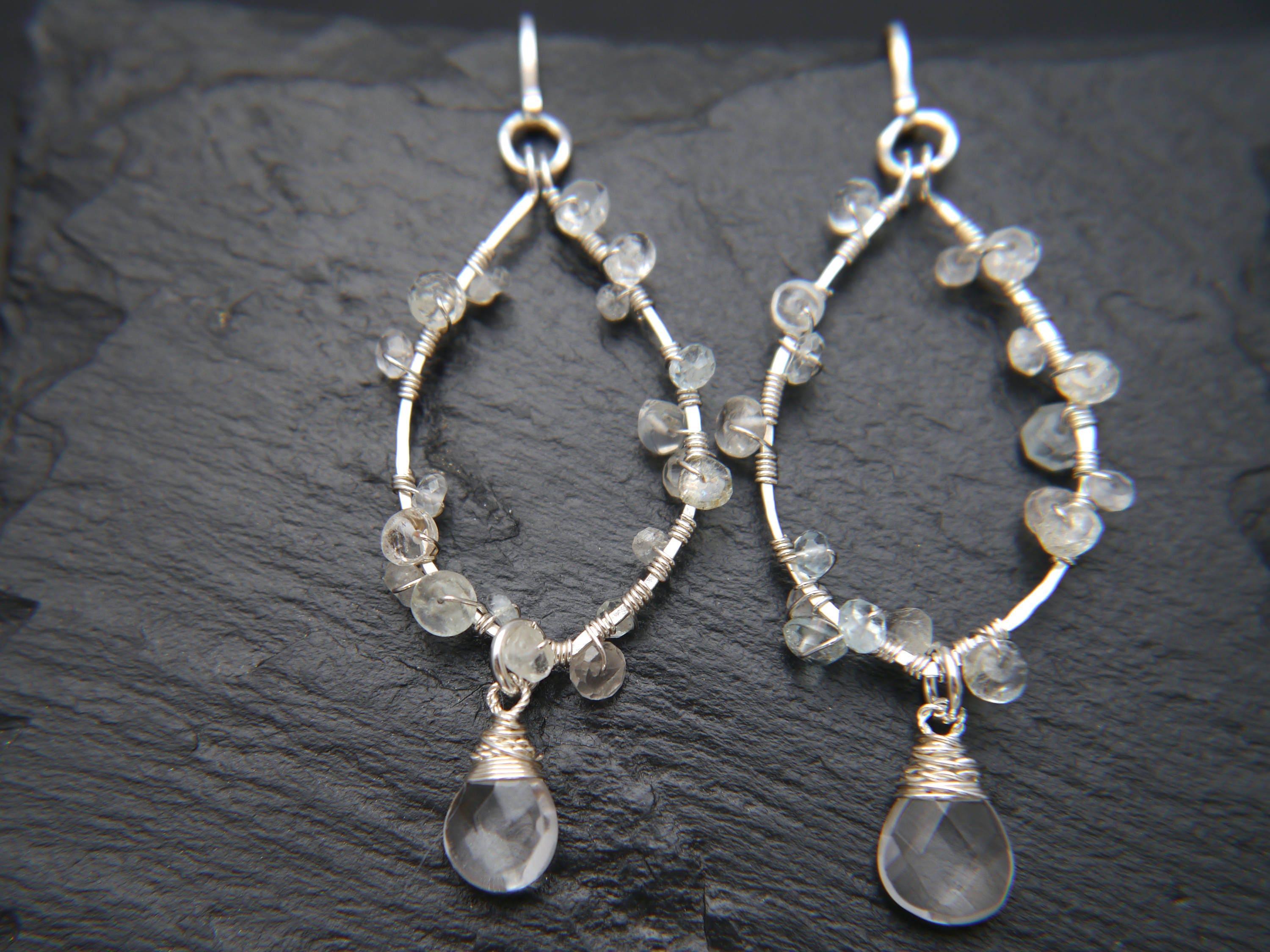 Aquamarine Quartz Floral Chandelier Dangle Gemstone Earrings, Sterling Silver, Bridal
