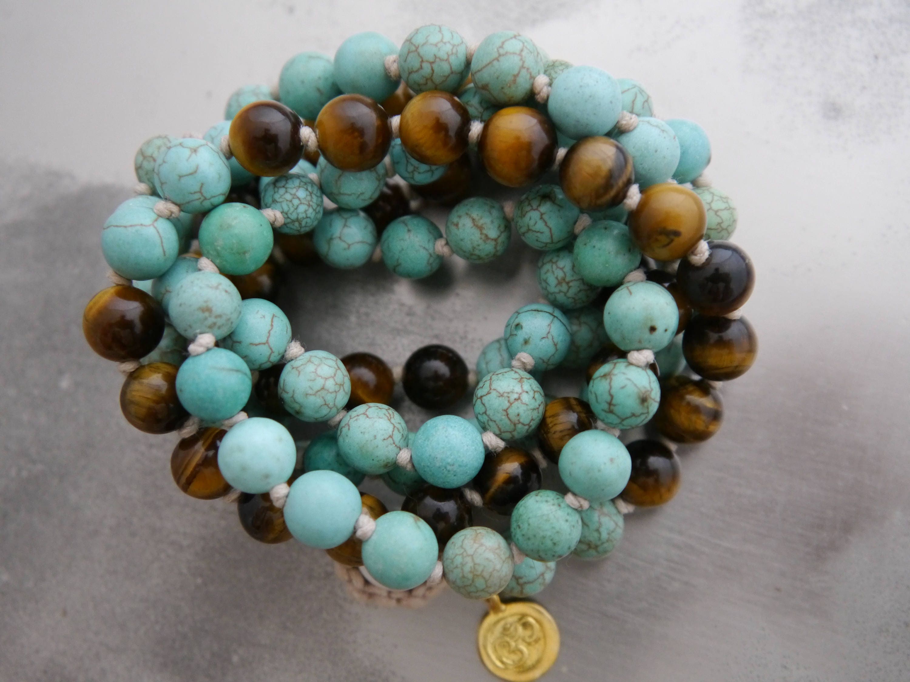 Tiger's Eye Turquoise Magnesite 108 Mala Beads, Hand Knotted