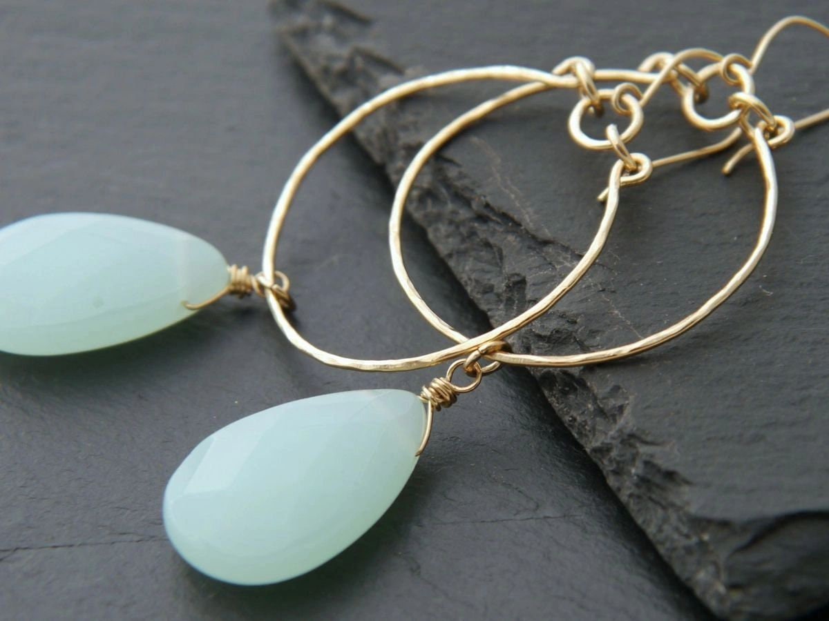 Aqua Chalcedony Teardrop Hoop Gemstone Earrings, 14K Gold Filled