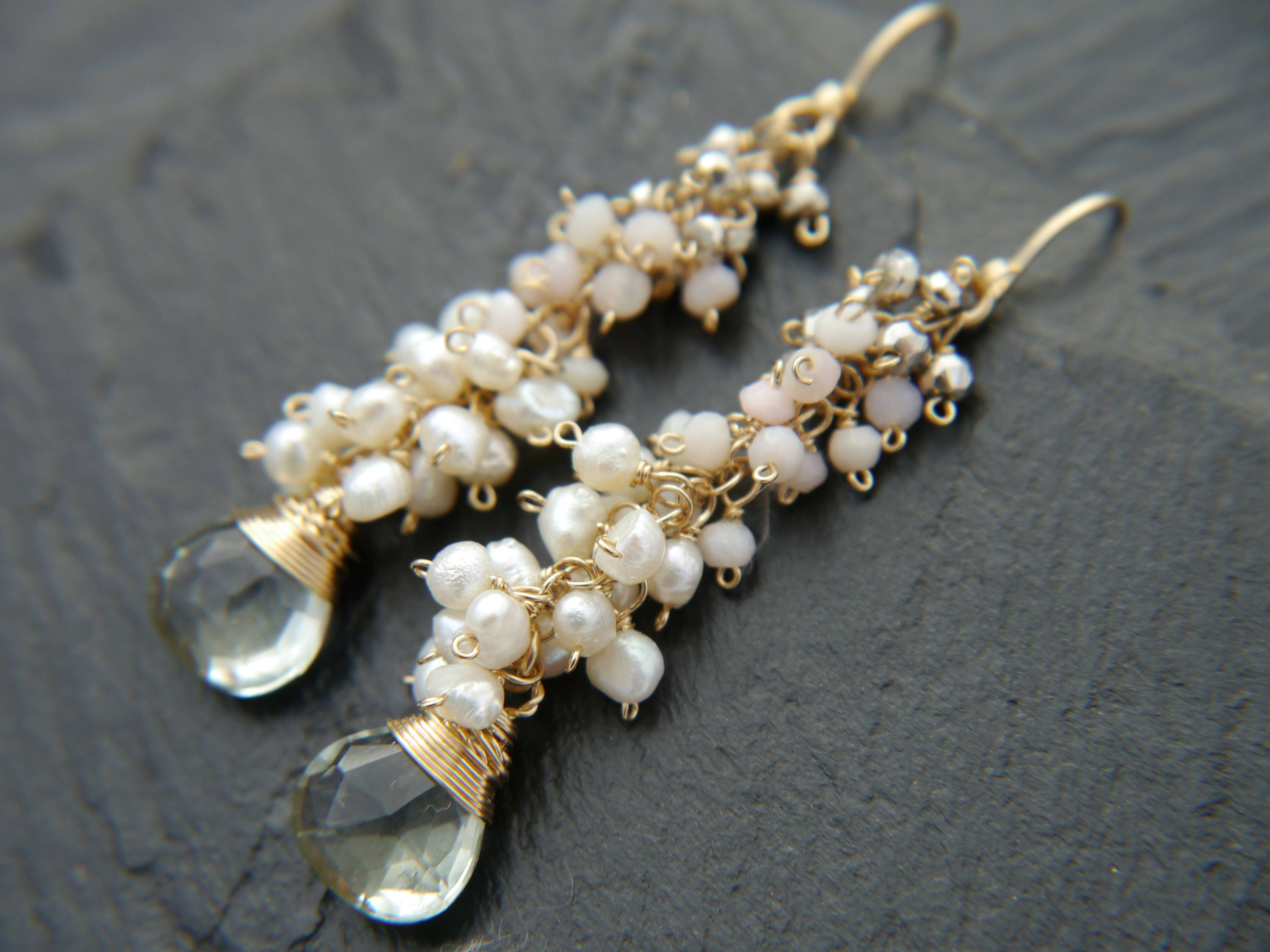 Green Amethyst Pearl Teardrop Cluster Floral Gemstone Earrings, 14K Gold Filled