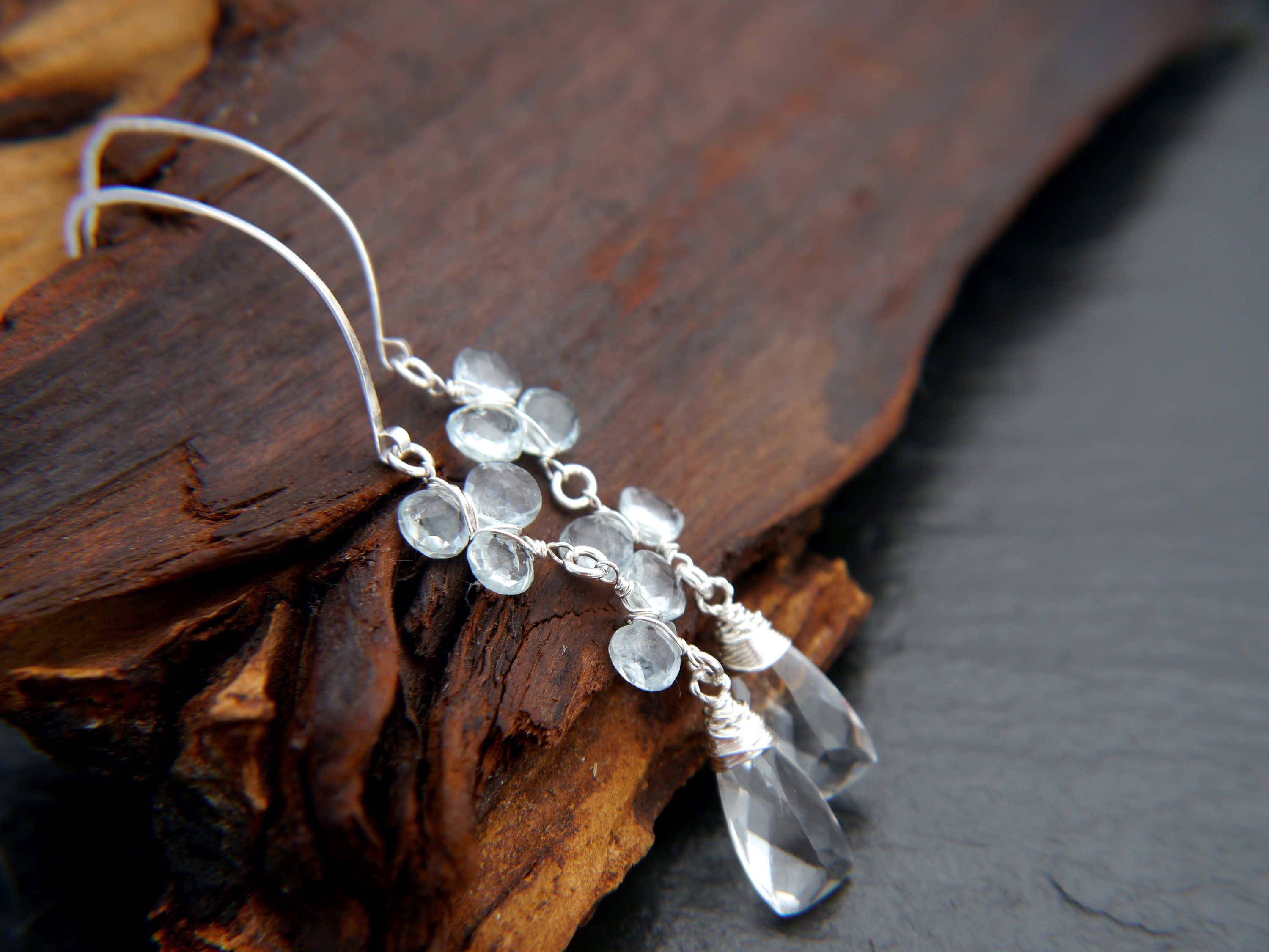 Aquamarine Quartz Trillion Hoop Gemstone Earrings, Sterling Silver, Garden Wedding