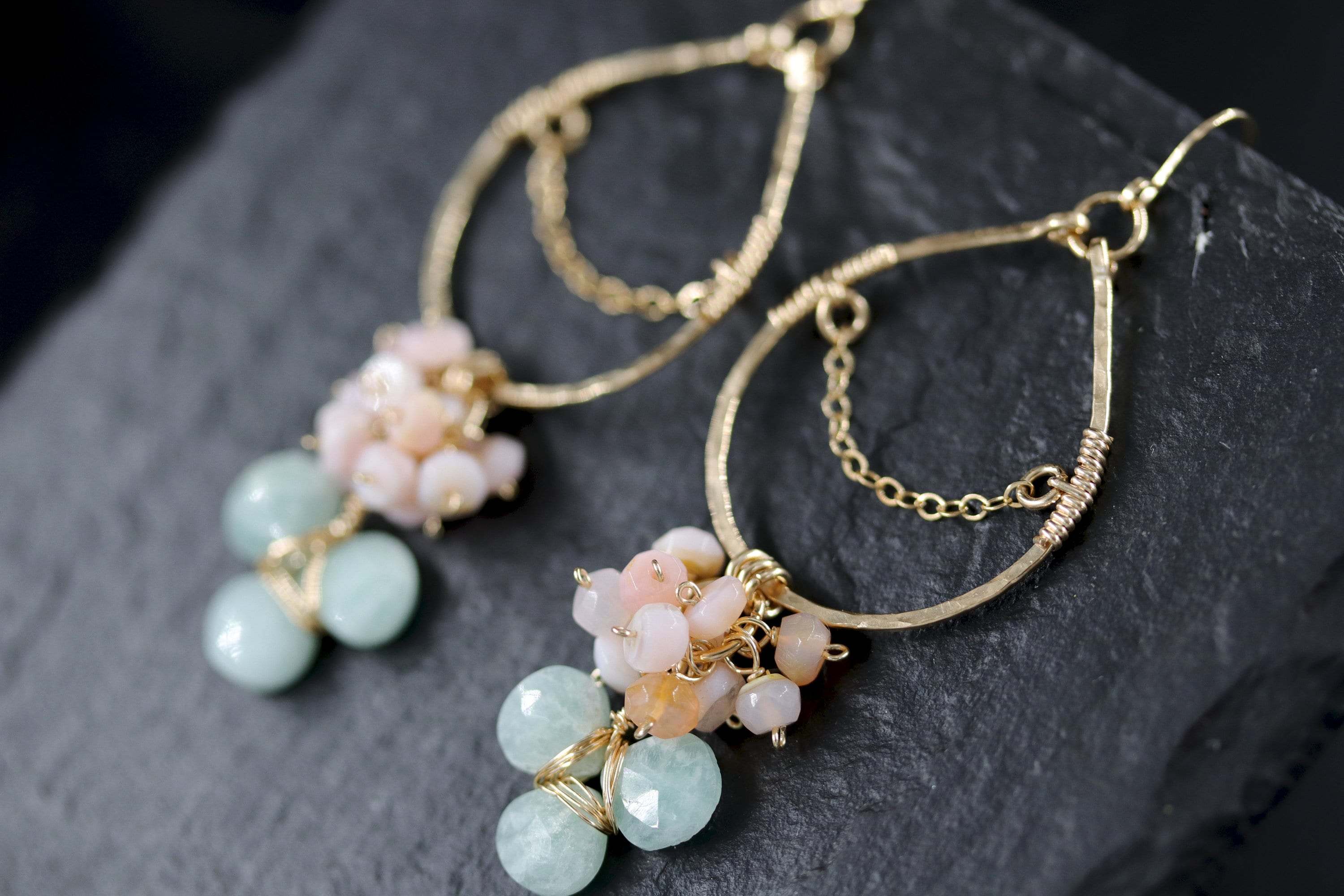 Pink Opal Amazonite Floral Chandelier Gemstone Earrings, 14K Gold Filled Botanical Wedding