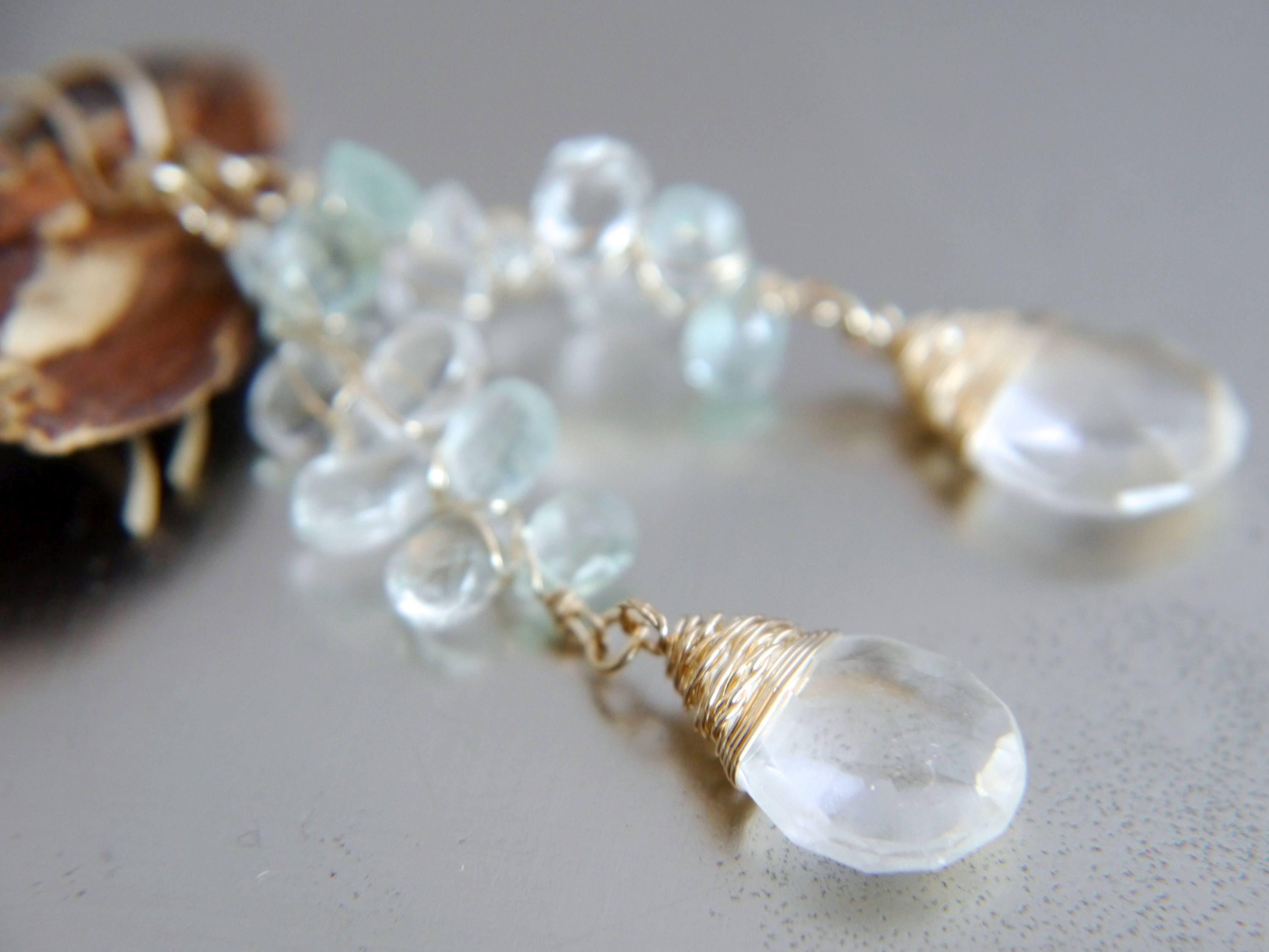 Aquamarine Teardrop Long Dangle Floral Gemstone Earrings, 14K Gold Filled Botanical