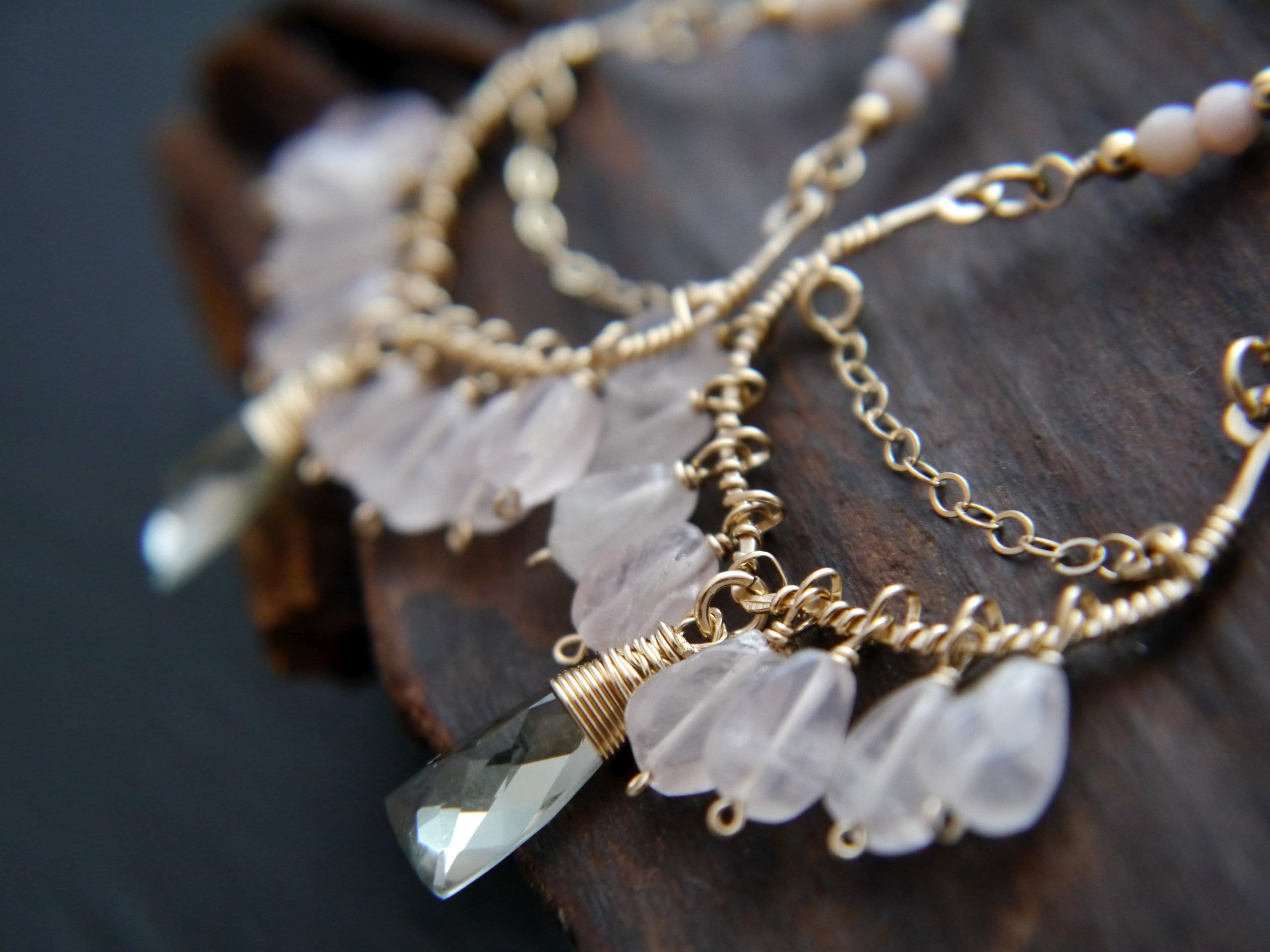 Pink Rose Quartz Bohemian Chandelier Fringe Gemstone Earrings, 14K Gold Filled Boho