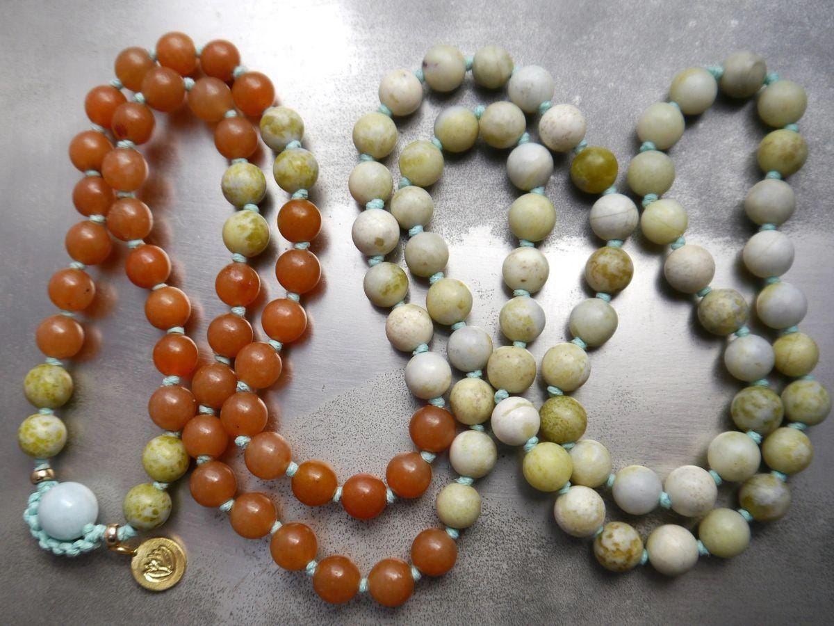 Red Aventurine, Green Peridot Serpentine Mala Beads, 108 Gemstone , Hand-Knotted