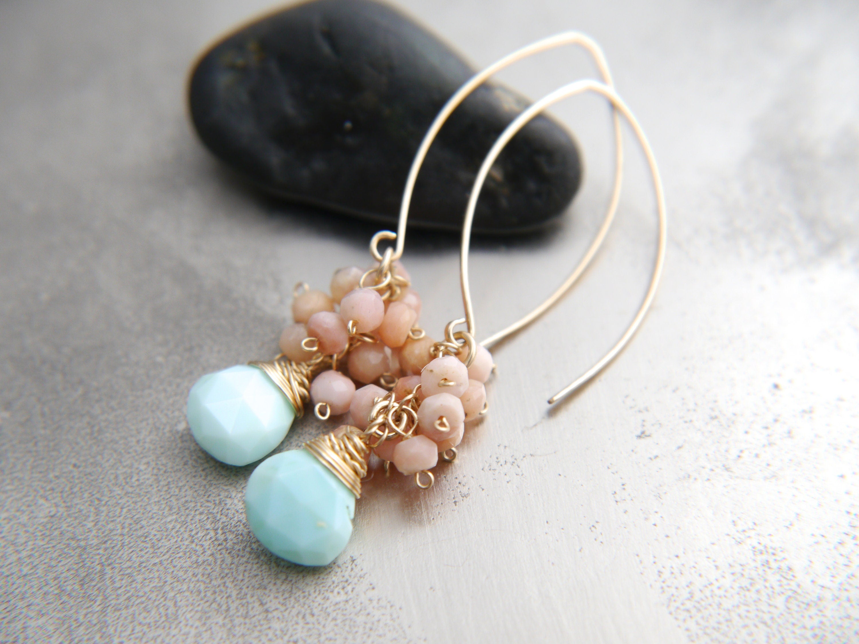 Pink Blue Opal Floral Cluster Gemstone Earrings, 14K Gold Filled Nature Inspired