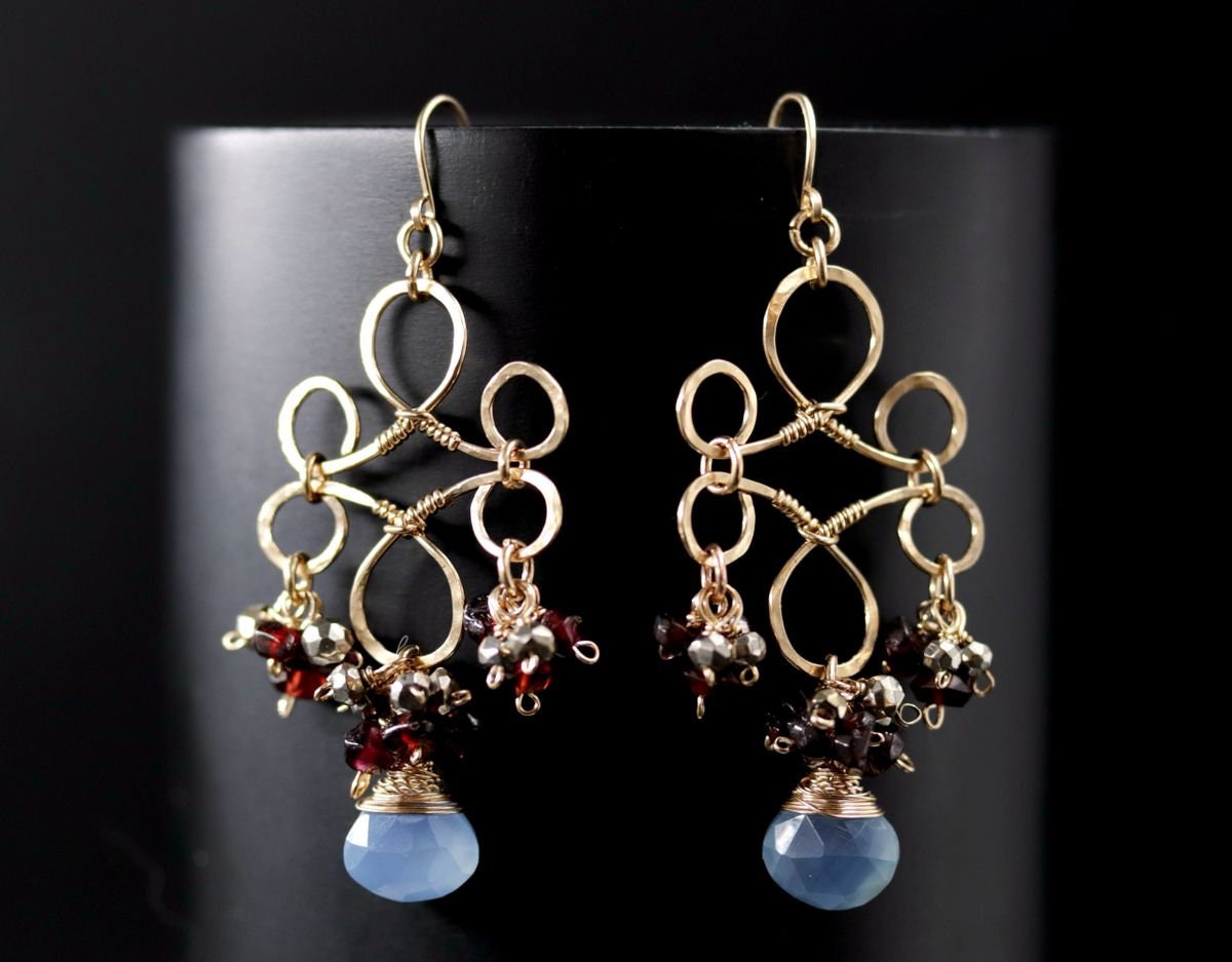 Garnet Blue Chalcedony Heart Chandelier, Gemstone Earrings, 14K Gold Filled Bohemain Jewelry