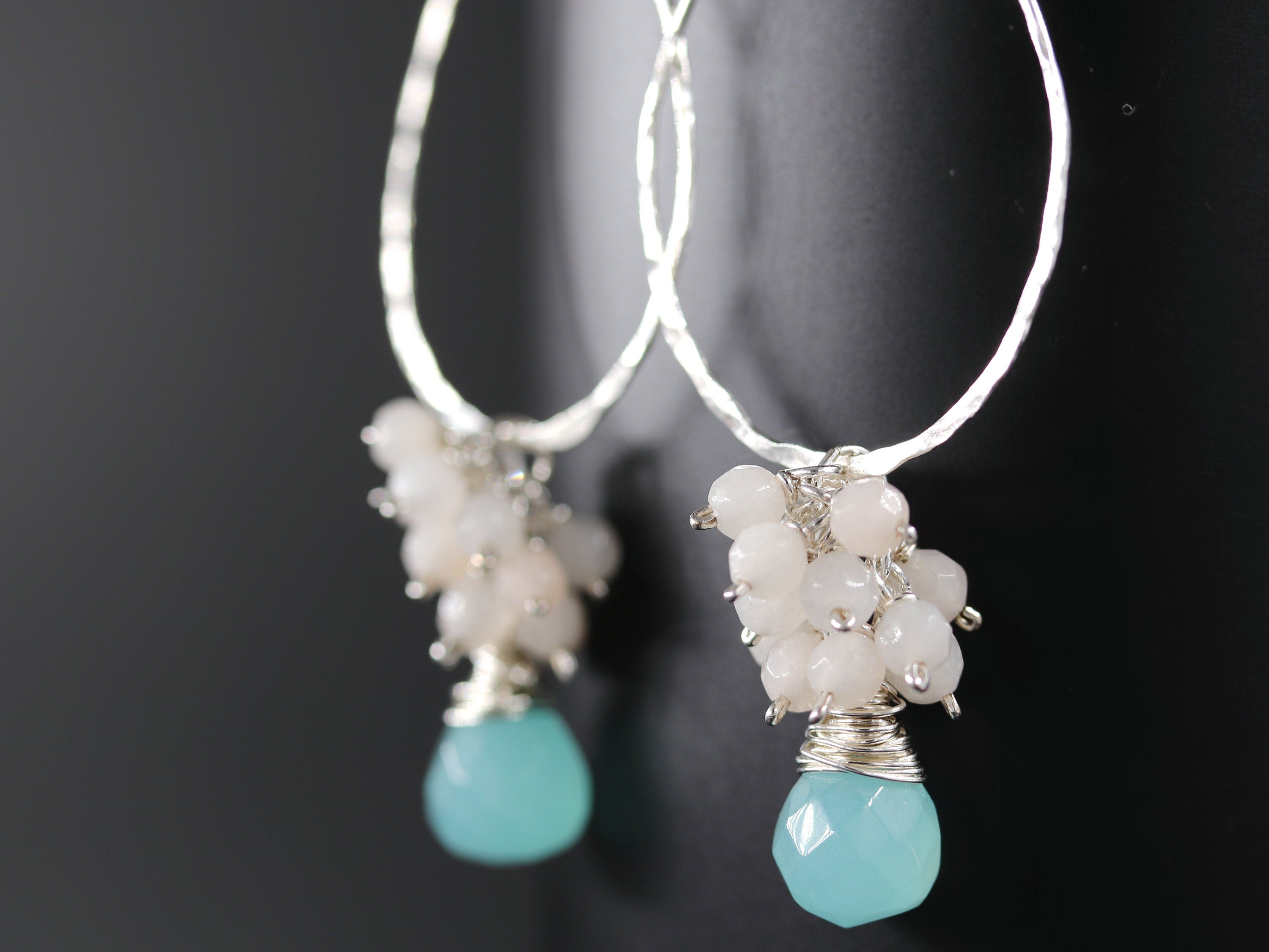 Aqua Chalcedony Rose Quartz Floral Hoop Gemstone Earrings, Sterling Silver, Garden Wedding