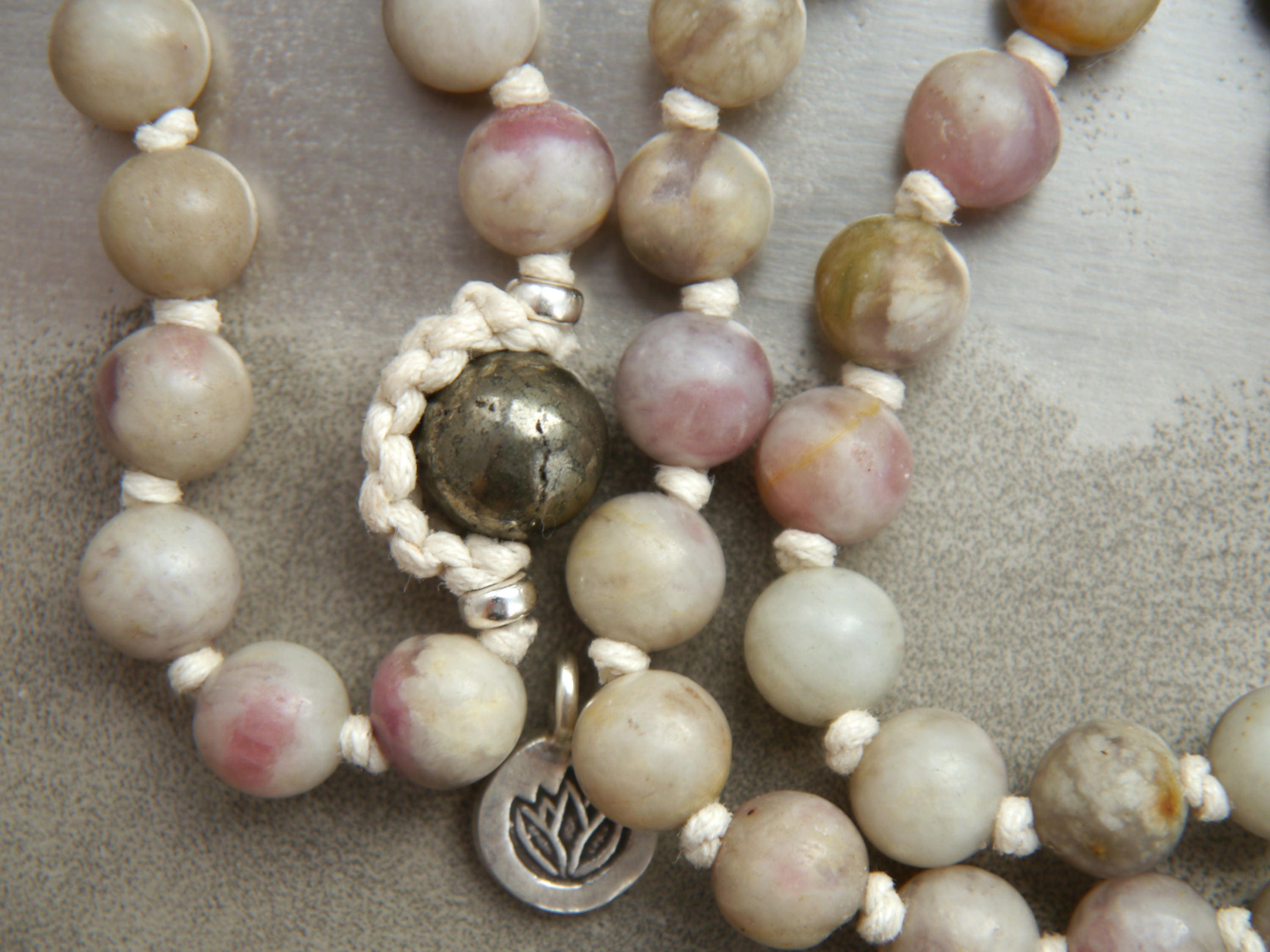 Lilac Stone 108 Mala Bead , Wrap, Hand Knotted Tibetan Prayer Beads