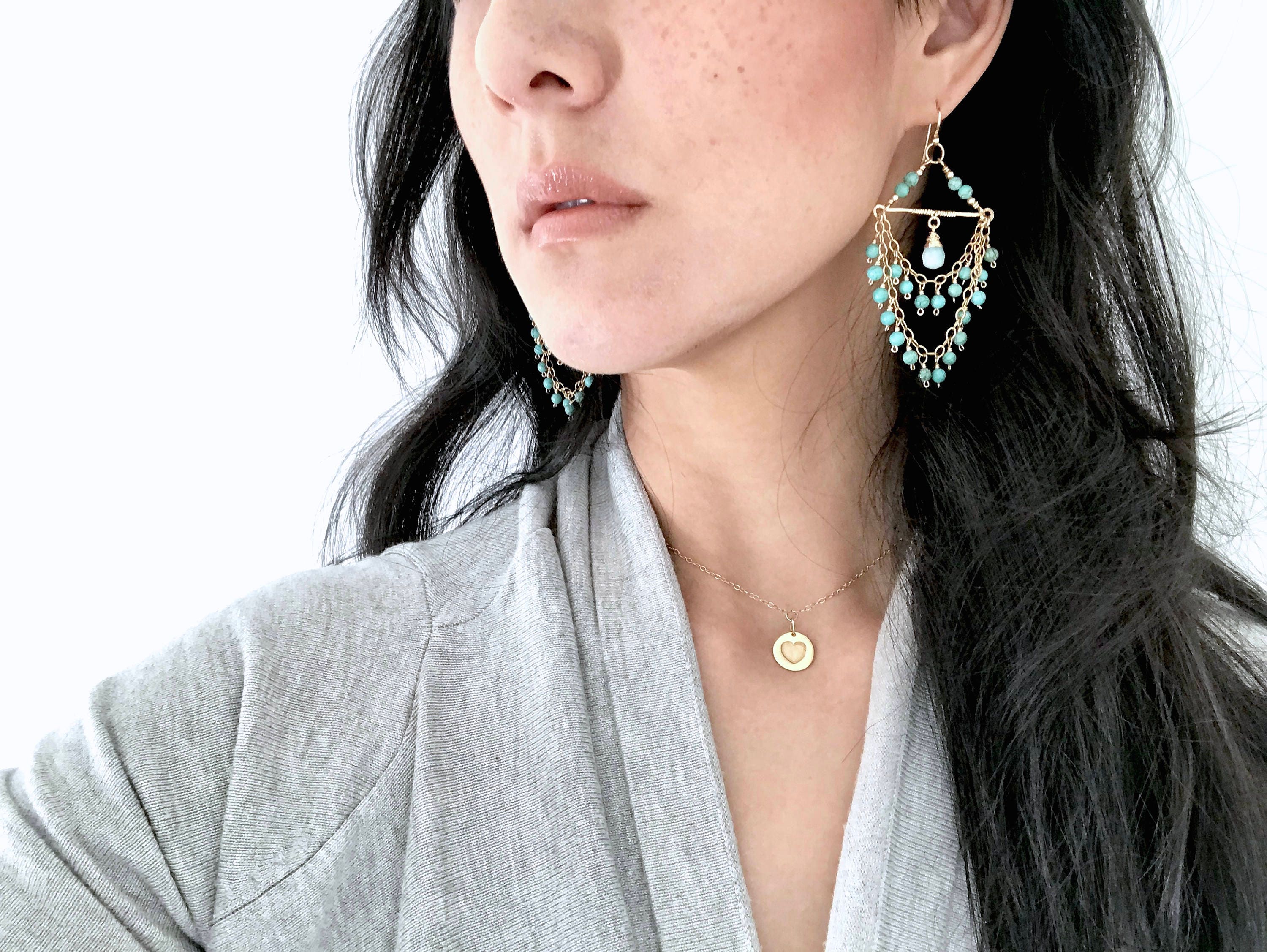 Turquoise Magnesite Chandelier Fringe Gemstone Earrings, 14K Gold Filled Coastal Wedding