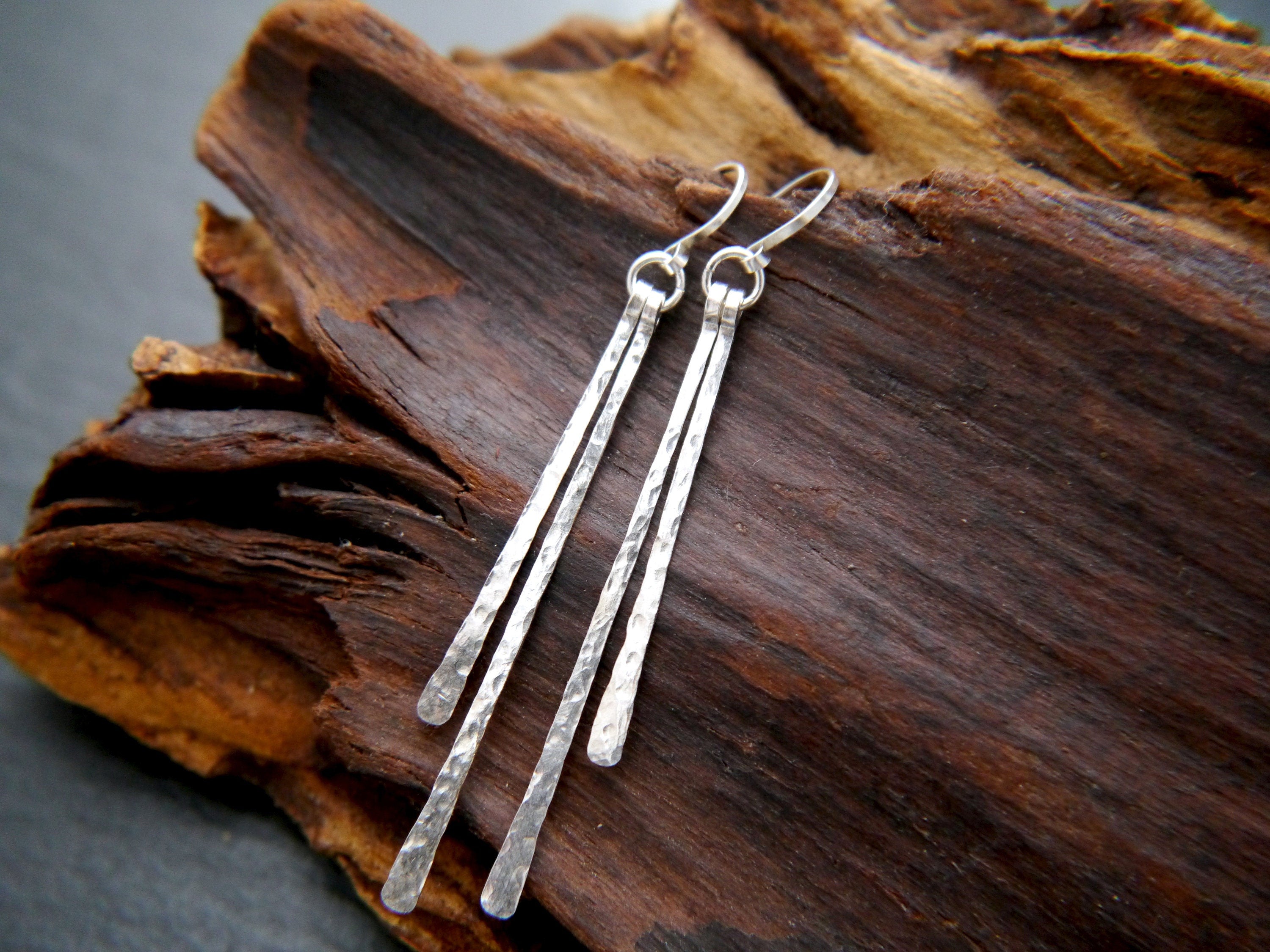 Hammered Sterling Silver Bar Earrings, Simple Minimalist