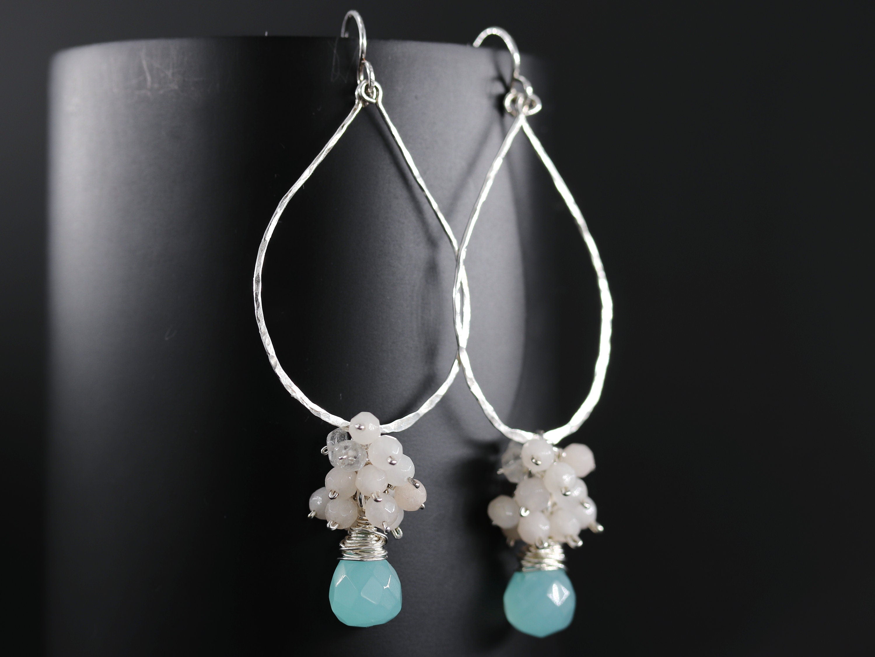 Aqua Chalcedony Rose Quartz Floral Hoop Gemstone Earrings, Sterling Silver, Garden Wedding