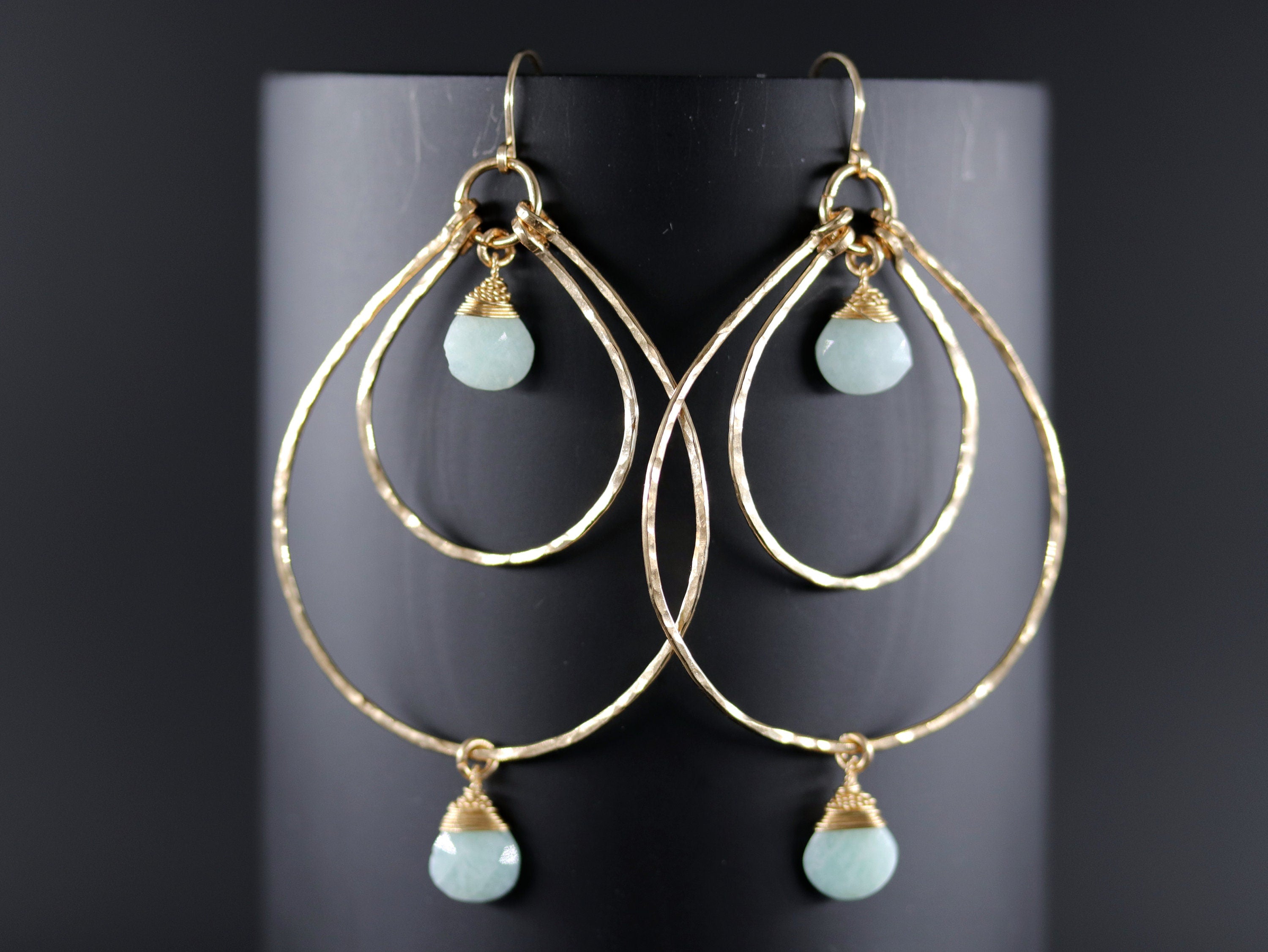 Amazonite Teardrop Chandelier Earrings, 14K Gold Filled Boho Dangle, Statement Jewelry