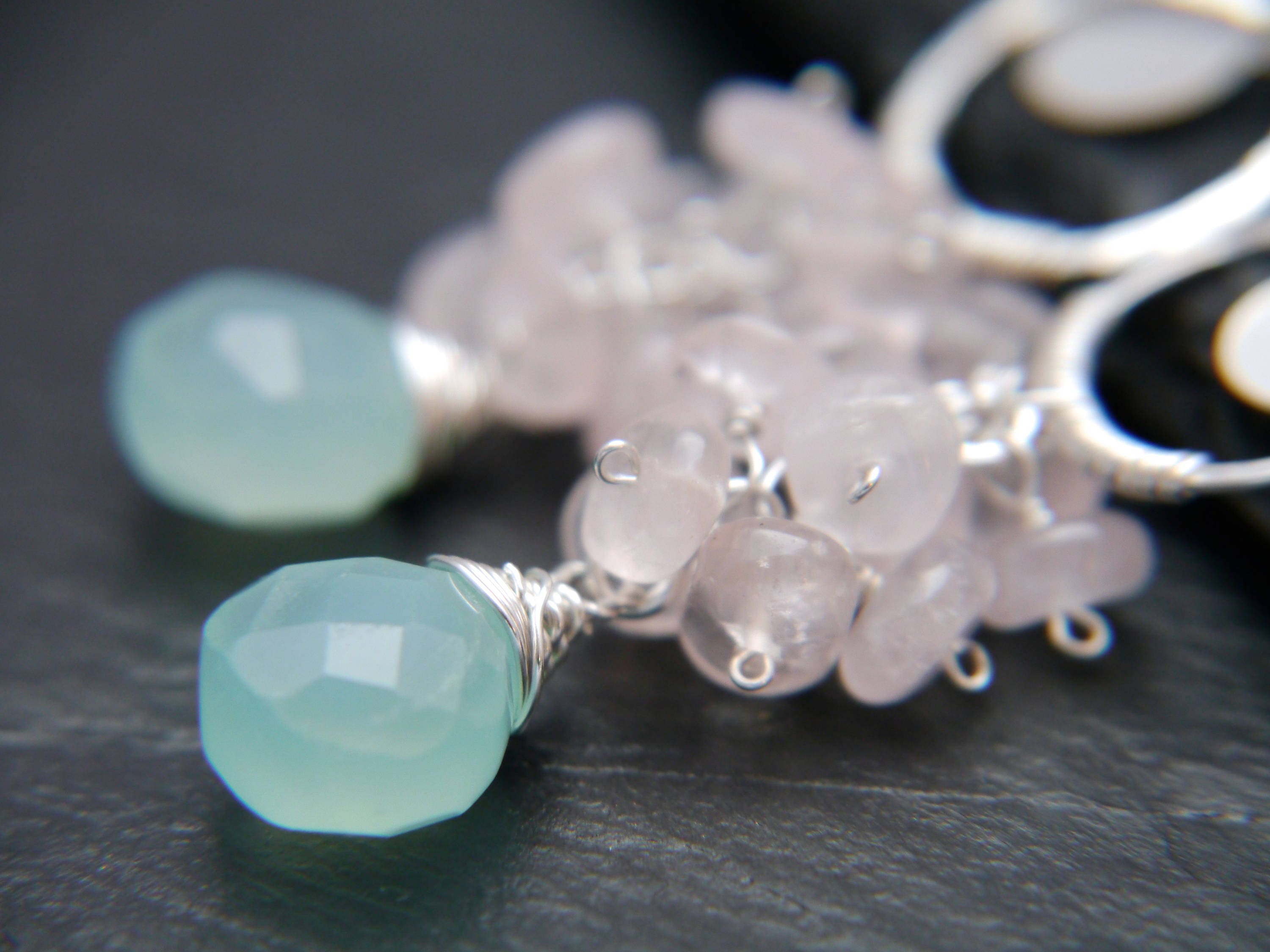 Aqua Chalcedony Rose Quartz Floral Cluster Long Dangle Gemstone Earrings, Sterling Silver