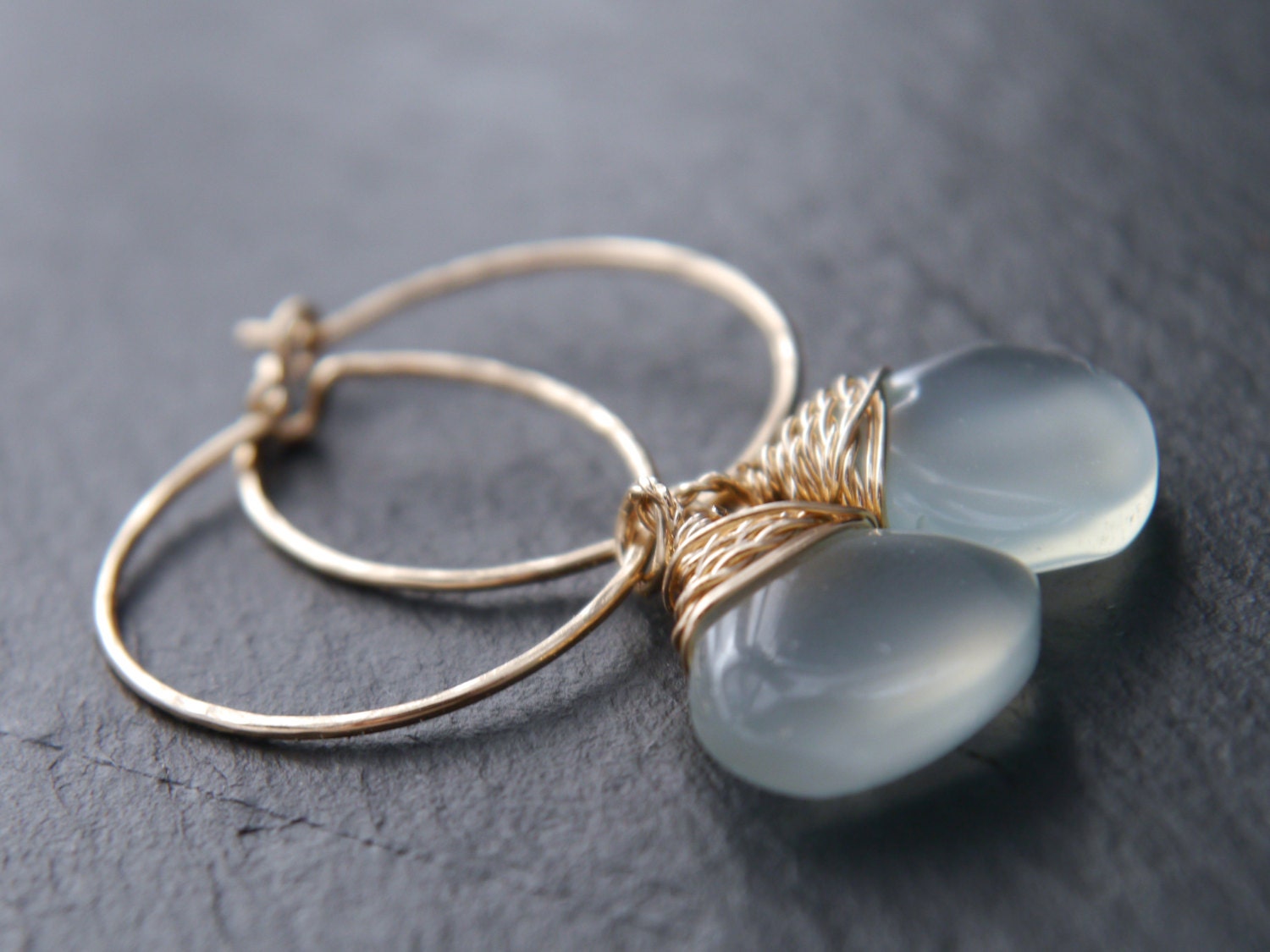 Aqua Chalcedony Heart Teardrop Hoop Gemstone Earrings, 14K Gold Filled Romantic