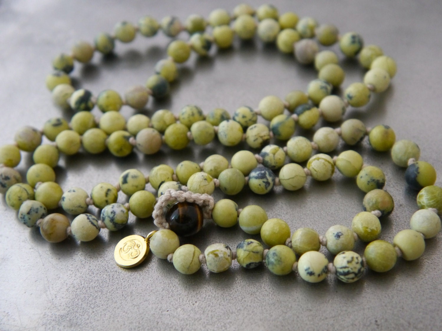 Yellow Green Serpentine Mala Beads, 108 Gemstone Beads, Wrap, Hand Knotted