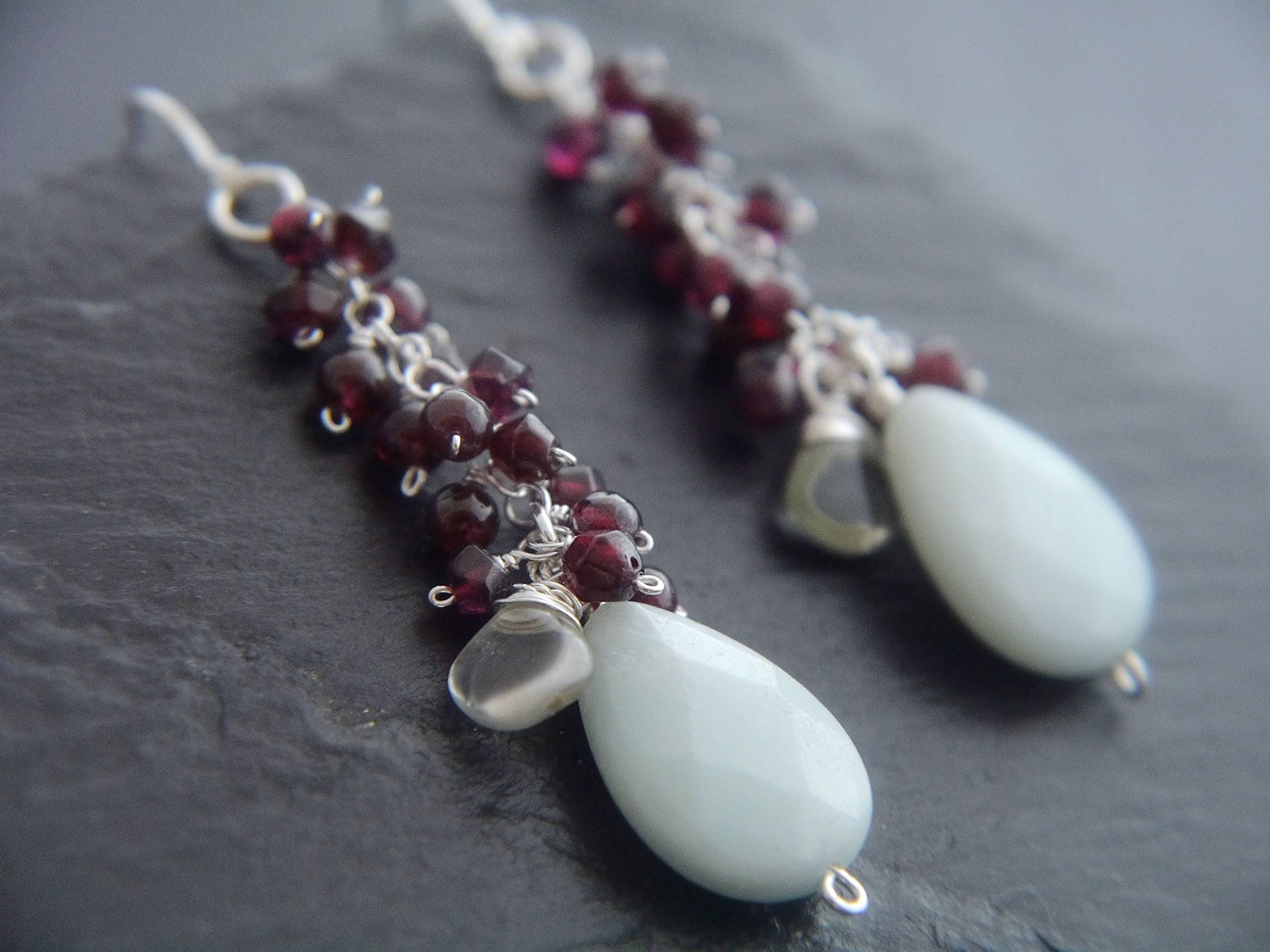 Amazonite Garnet Cluster Long Dangle Gemstone Earrings, Sterling Silver, Bohemian Style