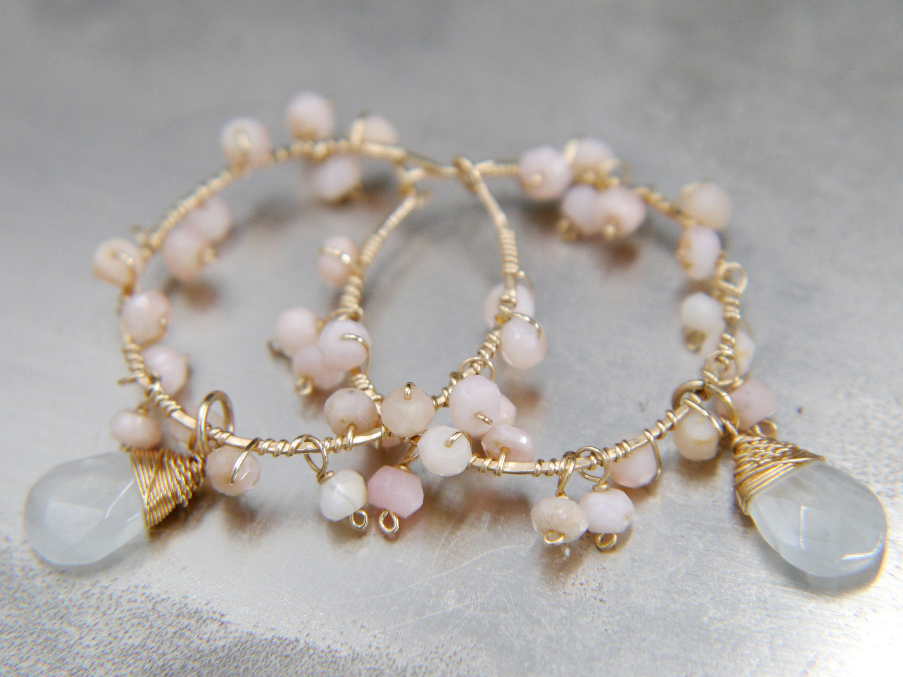 Aquamarine Pink Opal Floral Hoop Gemstone Earrings, 14K Gold Filled Bridal