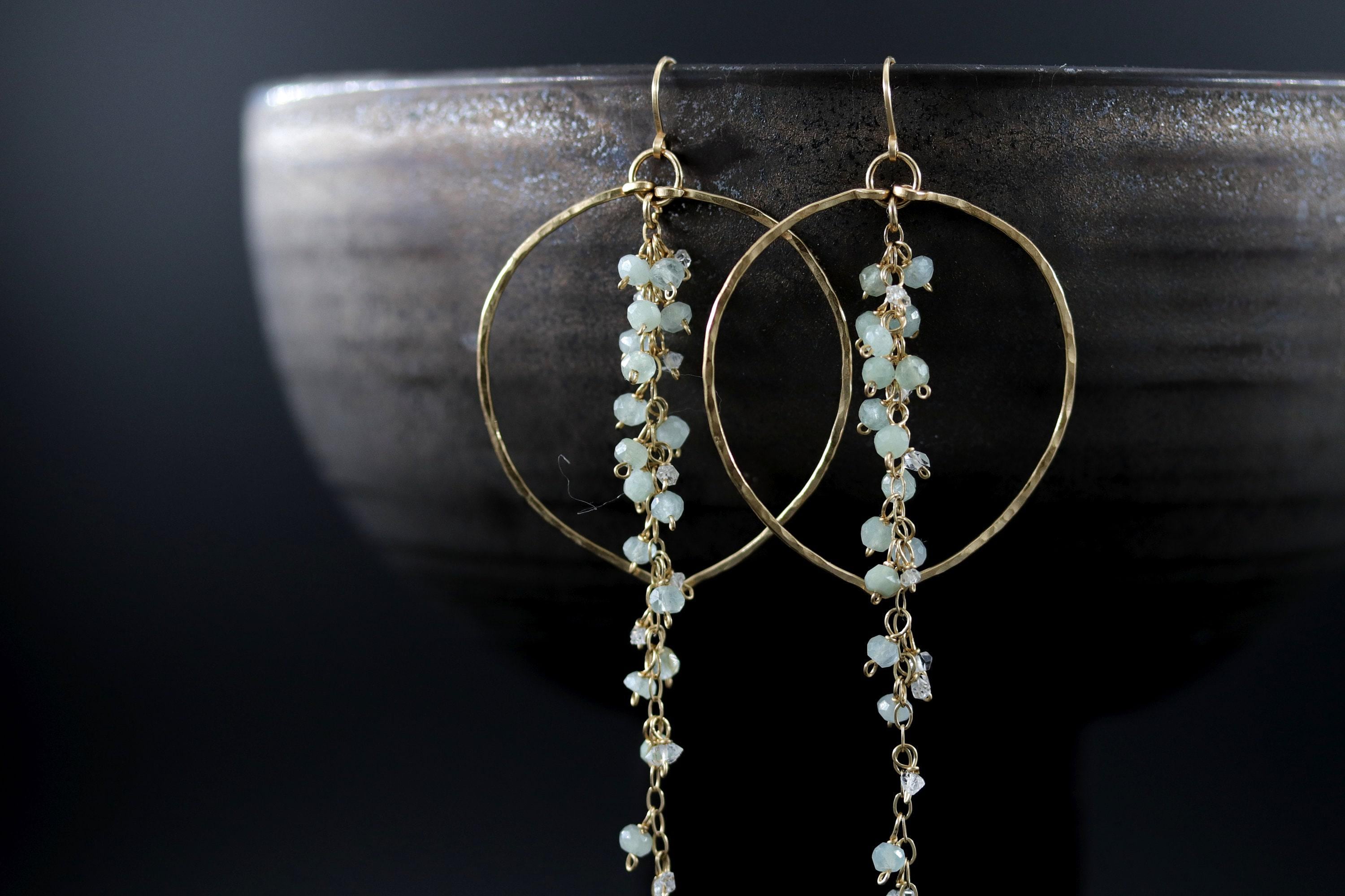 Aquamarine Herkimer Vine Tassel Earrings, 14K Gold Filled Waterfall Duster, Statement Jewelry