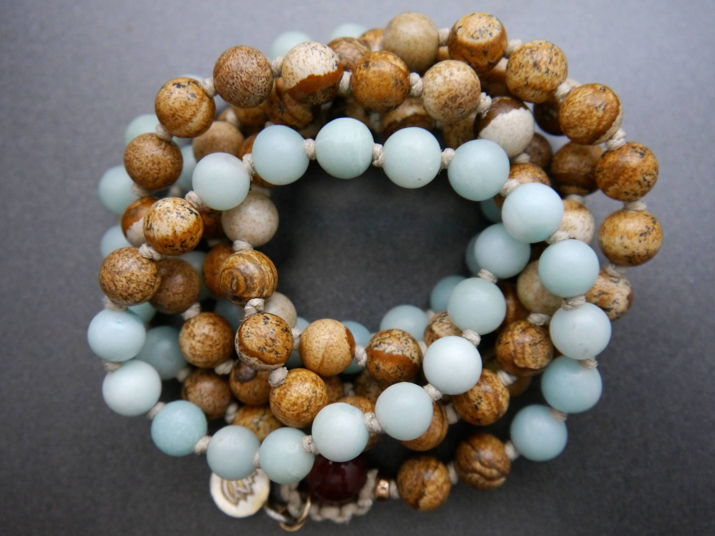 Earth Tone Picture Jasper Blue Amazonite Mala Beads, 108 Gemstone Beads, Wrap, Hand Knotted